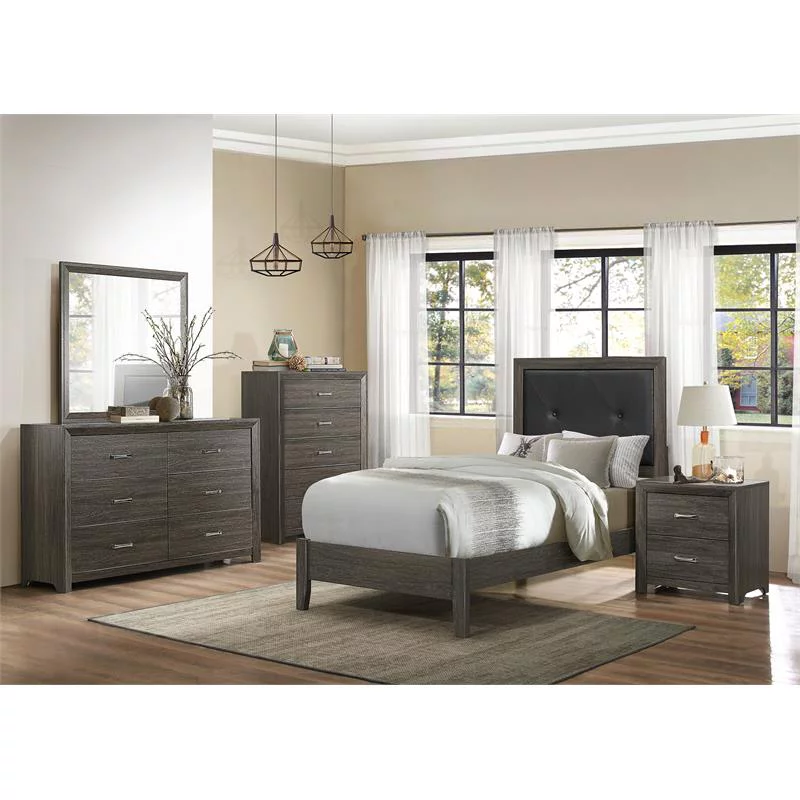 Pemberly Row Contemporary Wood and Faux Leather Twin Bed in Dark Gray/Black