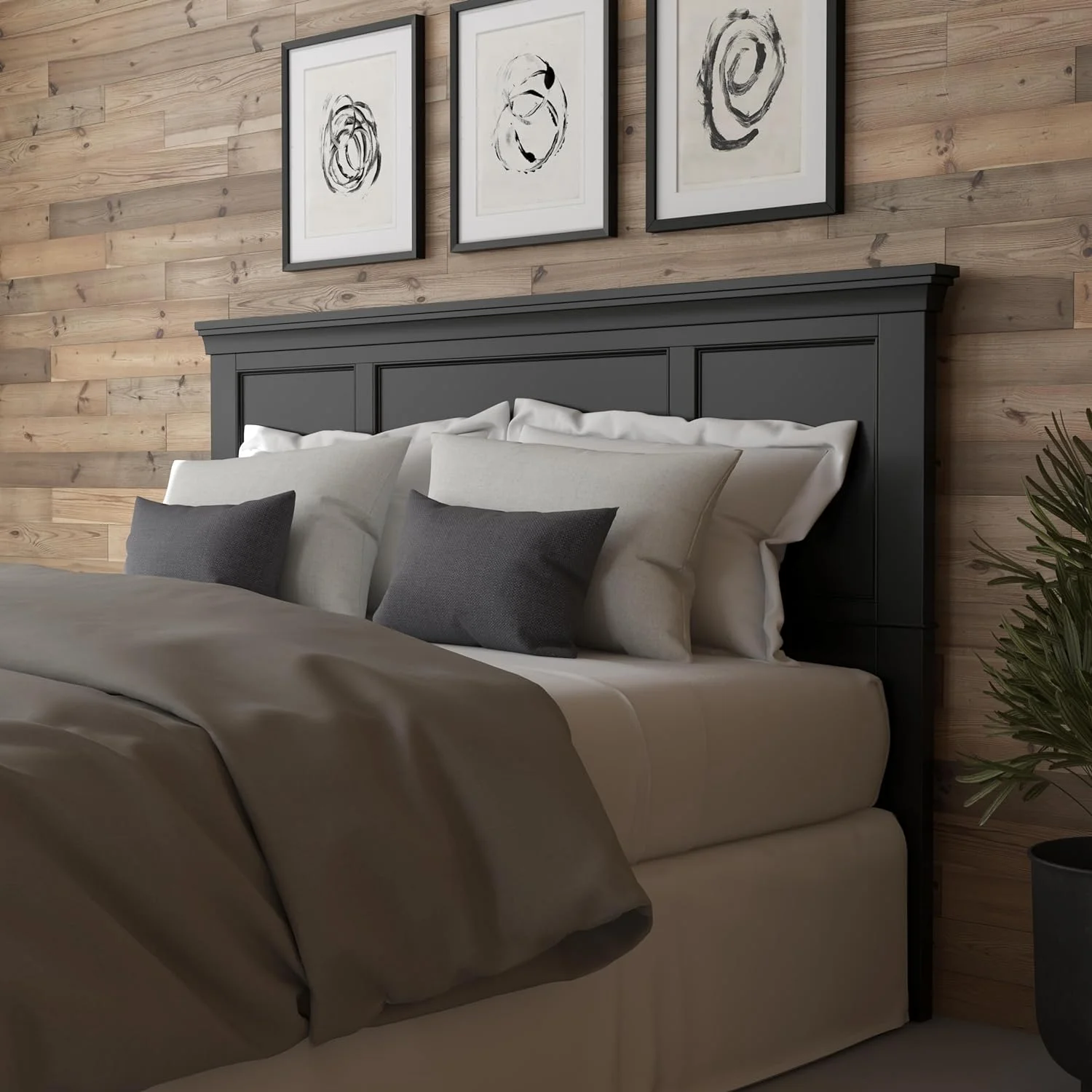 King Bed Headboard, In Black Finish Constructed From Hardwood Solids With Raised Panel Design