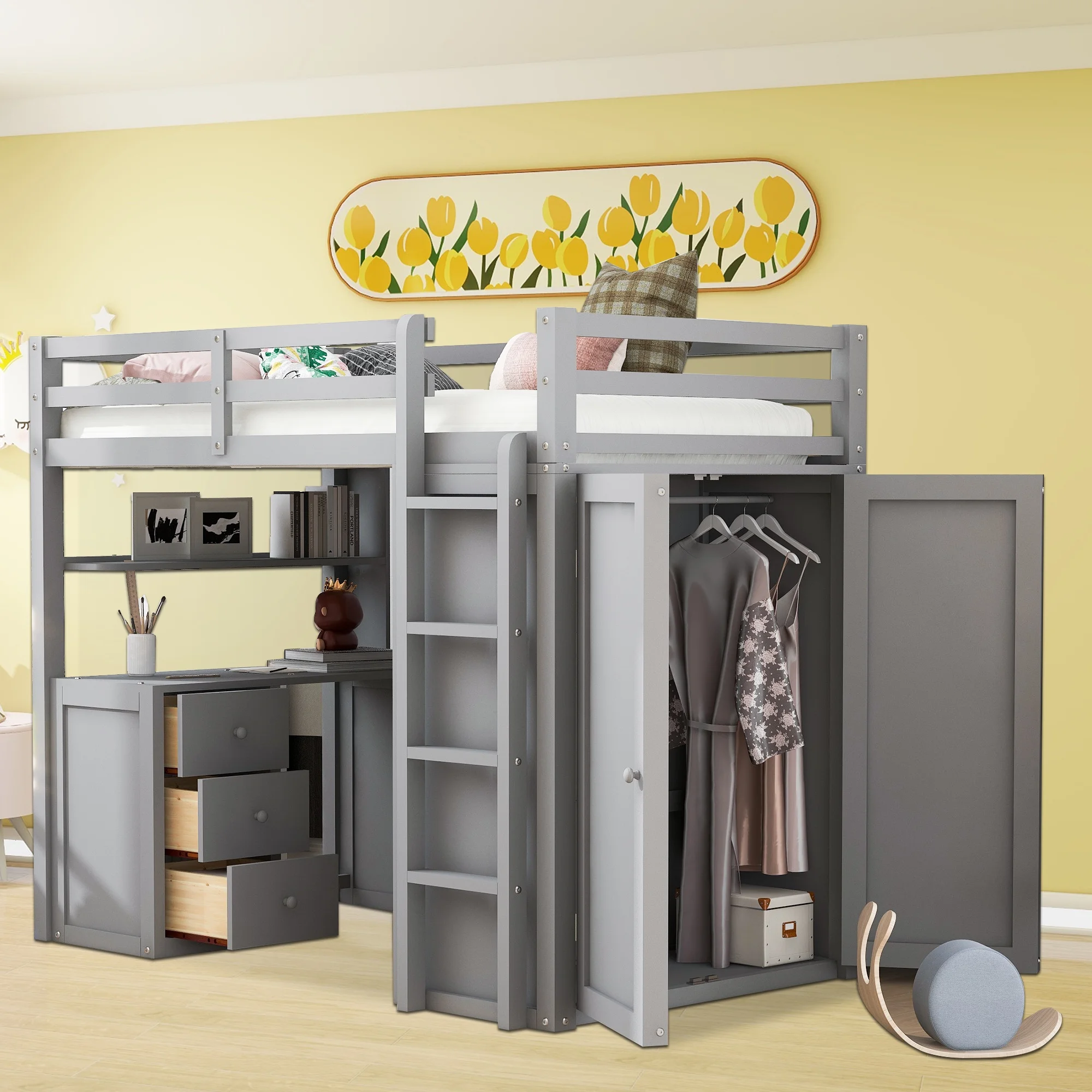 Twin Size Loft Bed with Drawers, Desk and Wardrobe-Gray, Wood Bed, No Box Spring Needed, Easy Assembly