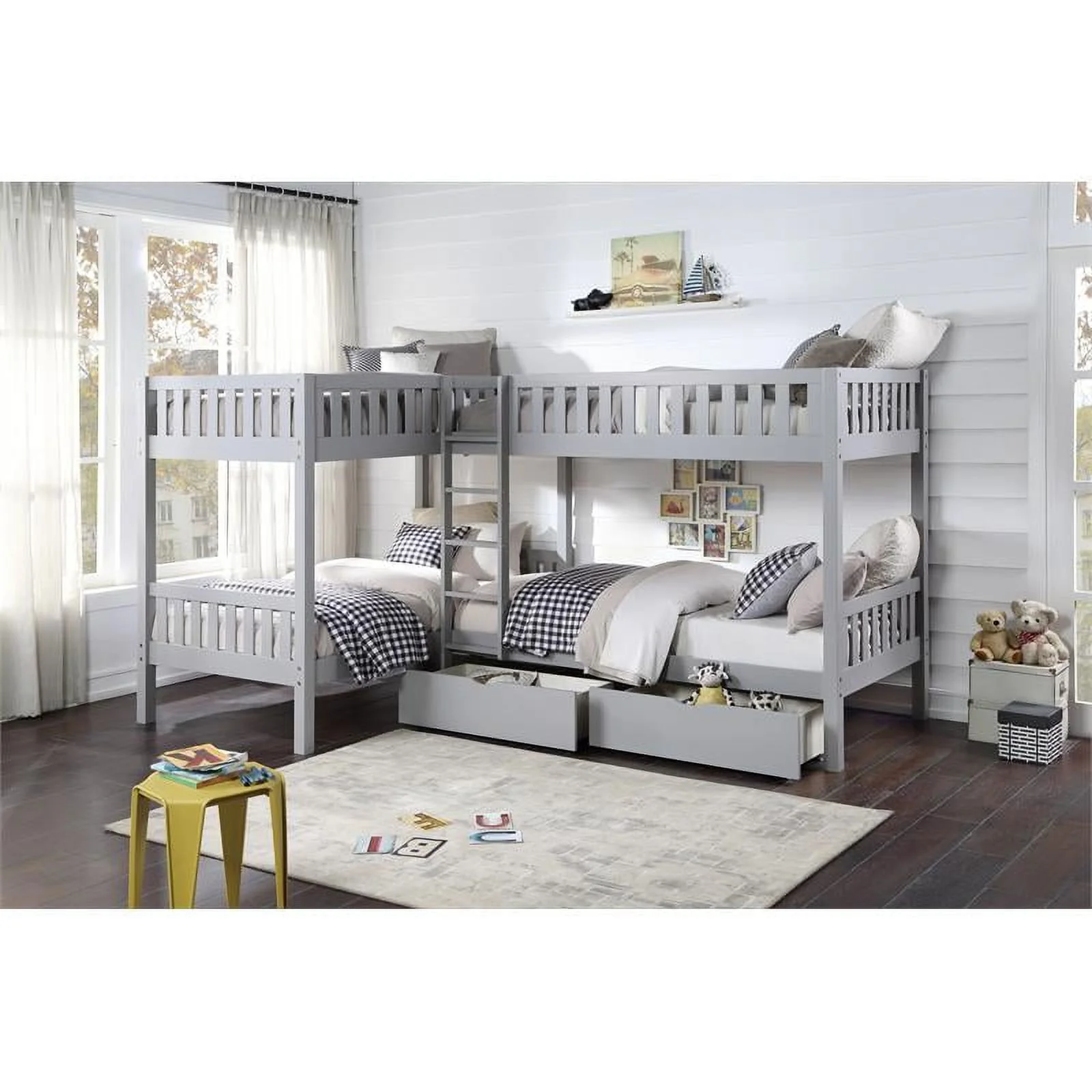 Lexicon Orion Transitional Wood Corner Bunk Bed with Storage Boxes in Gray