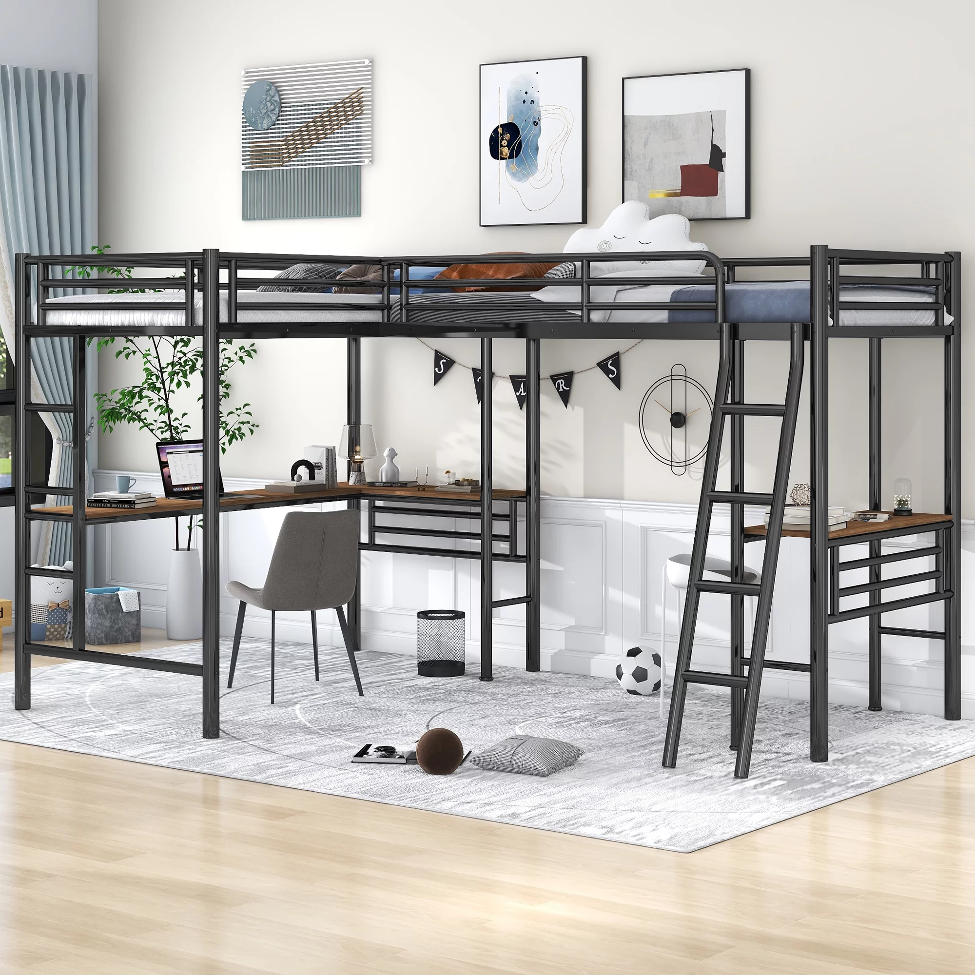 Bellemave L Shaped Loft Bed Twin 2 Beds with Desk, Metal Twin Size Loft Bed Frame with Two Built-In Ladders and Safety Rails for Bedroom, Dorm, Kids, Teens (Black)
