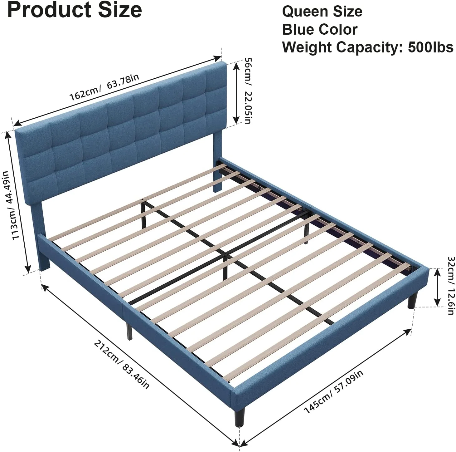 Queen Bed Fram with LED Lights  Linen Upholstered Platform Bed Frame with Square Tufted Adjustable Headboard and Wood Slats Support  Noise Free  No Box Spring Needed  Easy Assembly  Blue