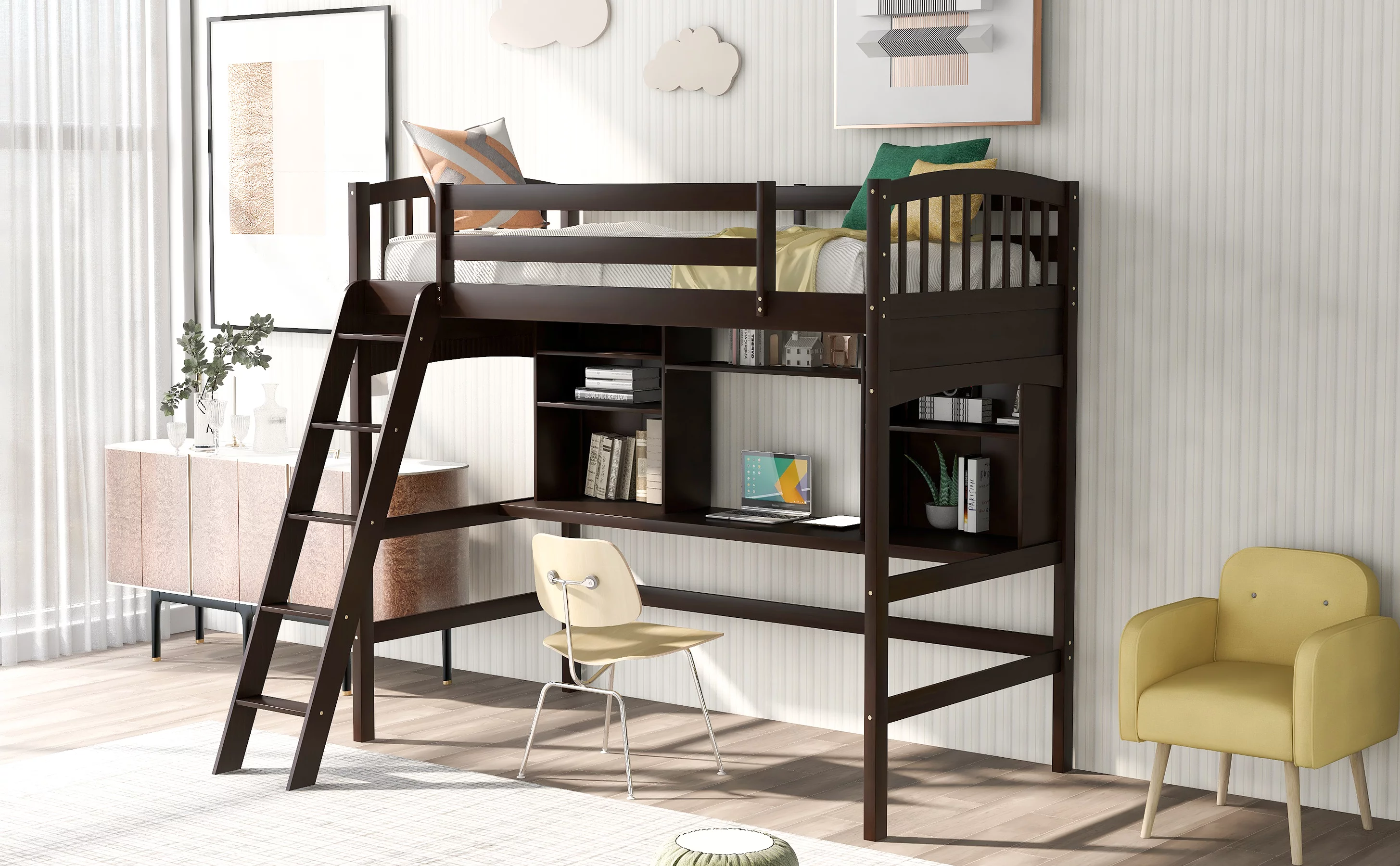Dcenta Twin size Loft Bed with Storage Shelves, Desk and Ladder, Espresso
