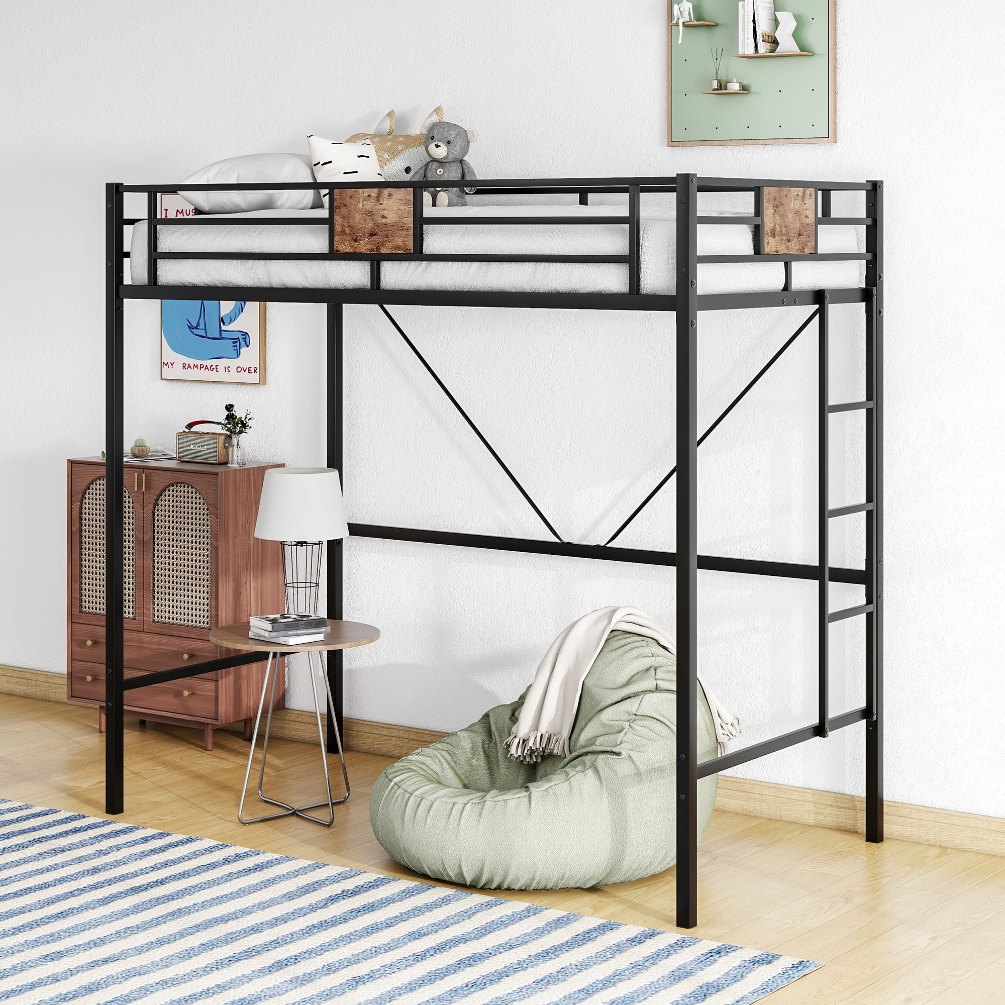 Metal Loft Bed Twin Size with Stairs, Full-Length Guardrail Space-Saving Design, Noise-Free - No Box Spring Needed Bunk Bed with Desk-Black
