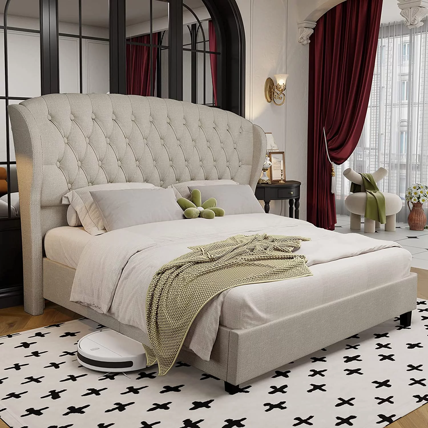 PaPaJet King Size Platform Bed Frame, Linen Curved Upholstered Bed with Shell Wingback Headboard/Deep Button Tufted/No Box Spring Needed/Beige