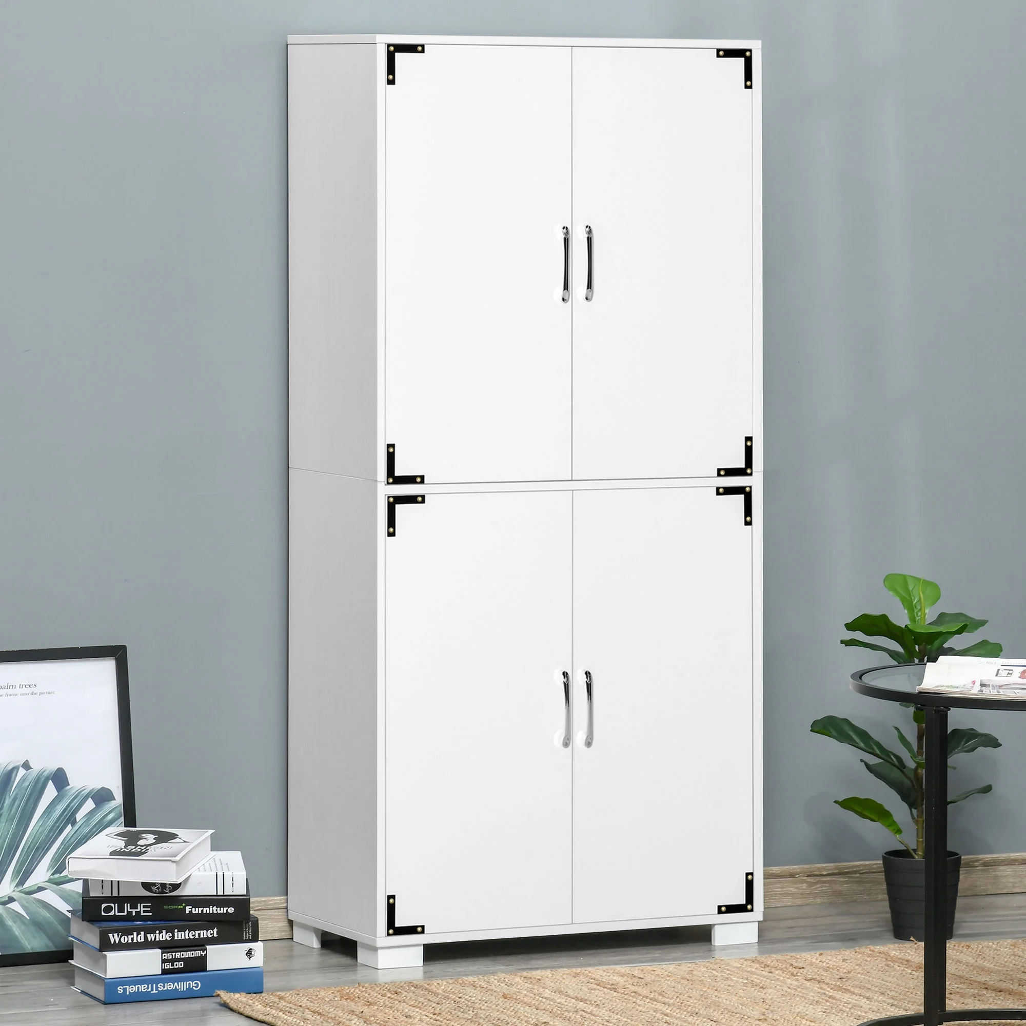 HomCom Industrial Style 4-Door Cabinet Pantry Cupboard with Storage Shelves for Bedroom and Living Room, White