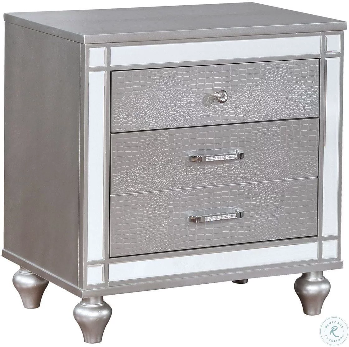 3pc Bedroom Furniture Silver Color Queen Size Bed And 2x Nightstands LED Gray Leatherette Headboard Crocodile Texture Footboard