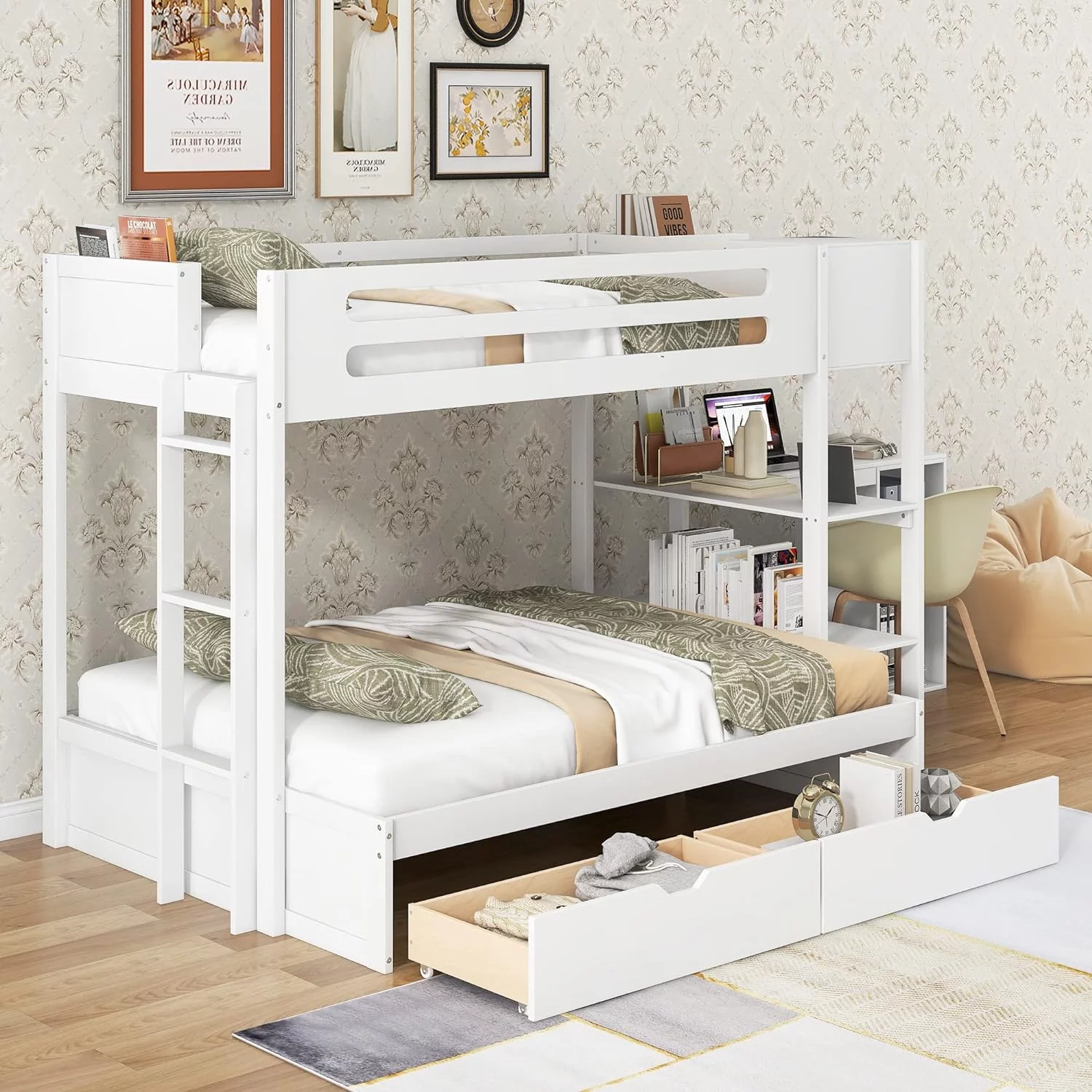 Twin Over Full Bunk Bed with Drawers, Wood Bunk Bed Frame with Shelves, Cabinets, L-Shaped Desk and Magazine Holder, Bedroom Furniture, White