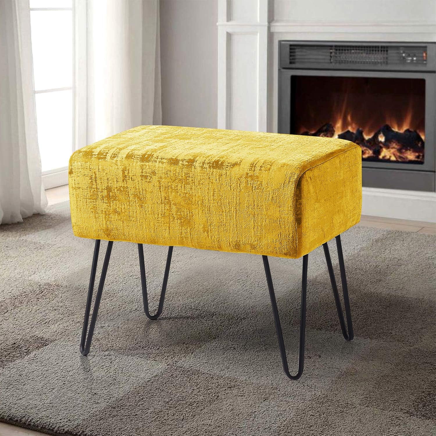 Yellow Textured Velvet Ottoman, 19