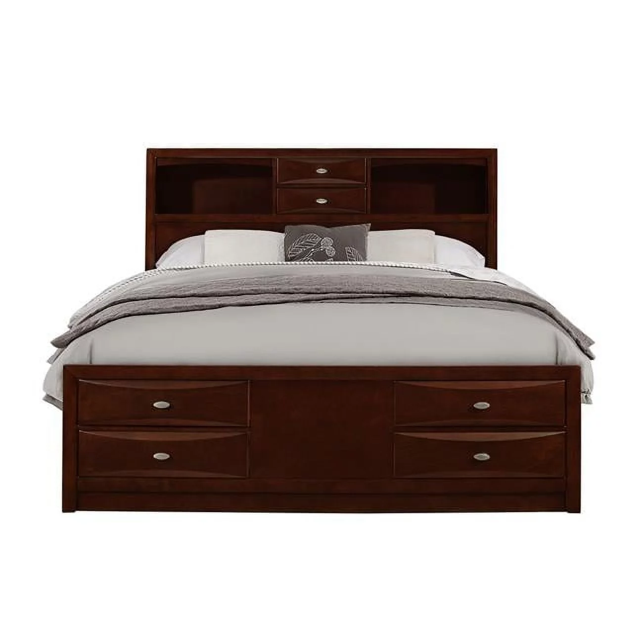 New Merlot Veneer Queen Bed with Bookcase Headboard & 10 Drawers