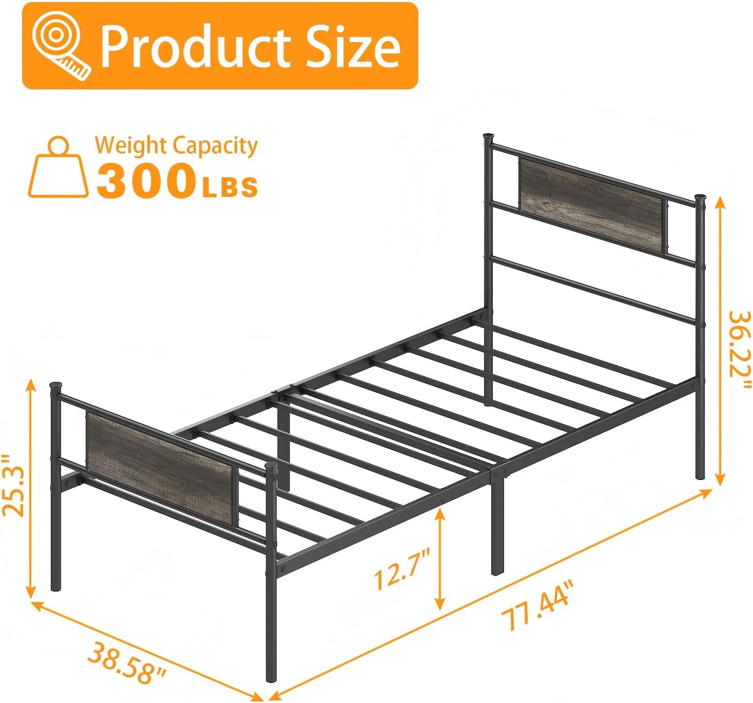 YGDU Twin Bed Frame with Rustic Wood Headboard and Footboard 12.7 Inch Metal Bed No Box Spring Needed Heavy Duty Steel Slat Mattress Foundation,Grey Oak