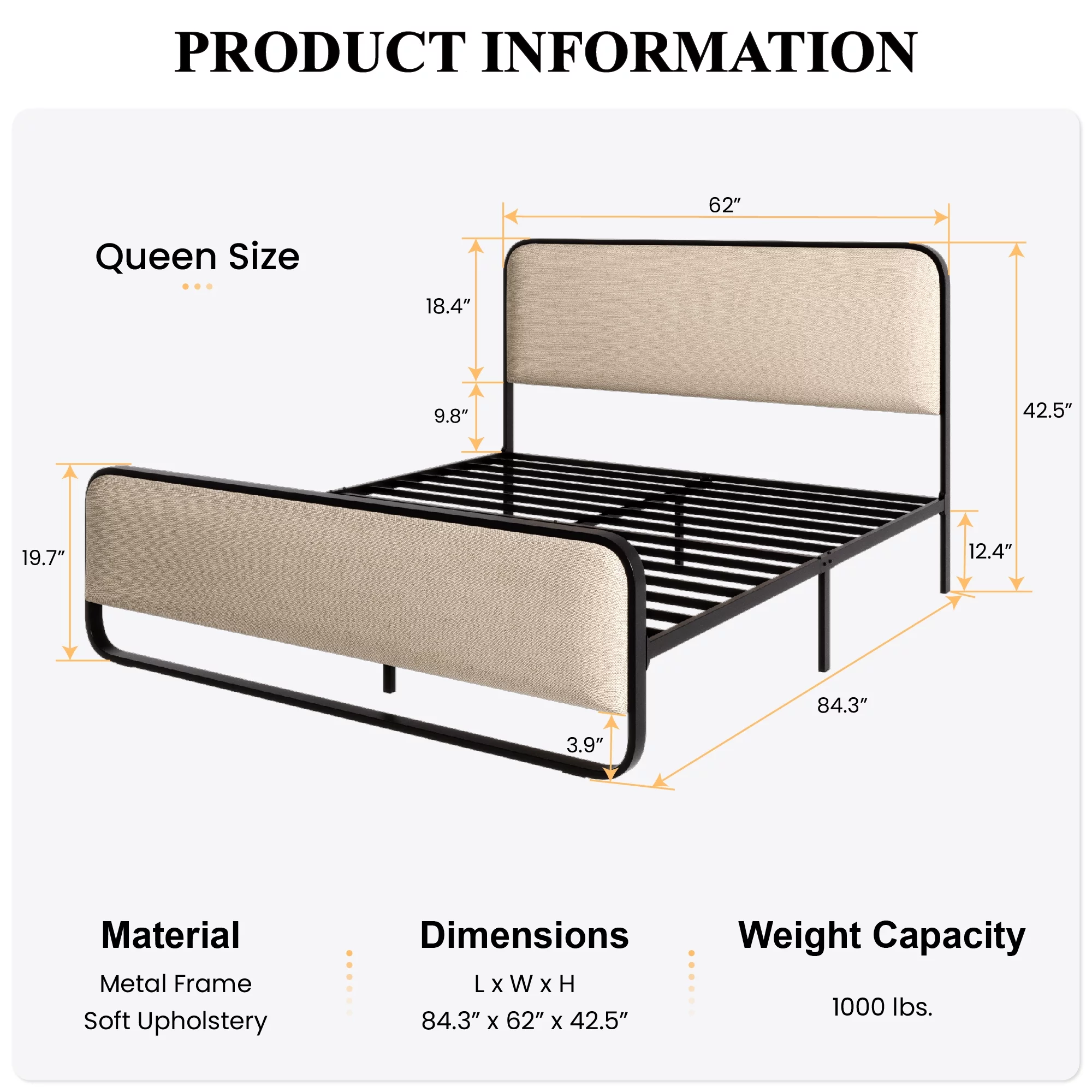 SHA CERLIN Beige Queen Size Metal Platform Bed Frame with Headboard & Underbed Storage, Adult