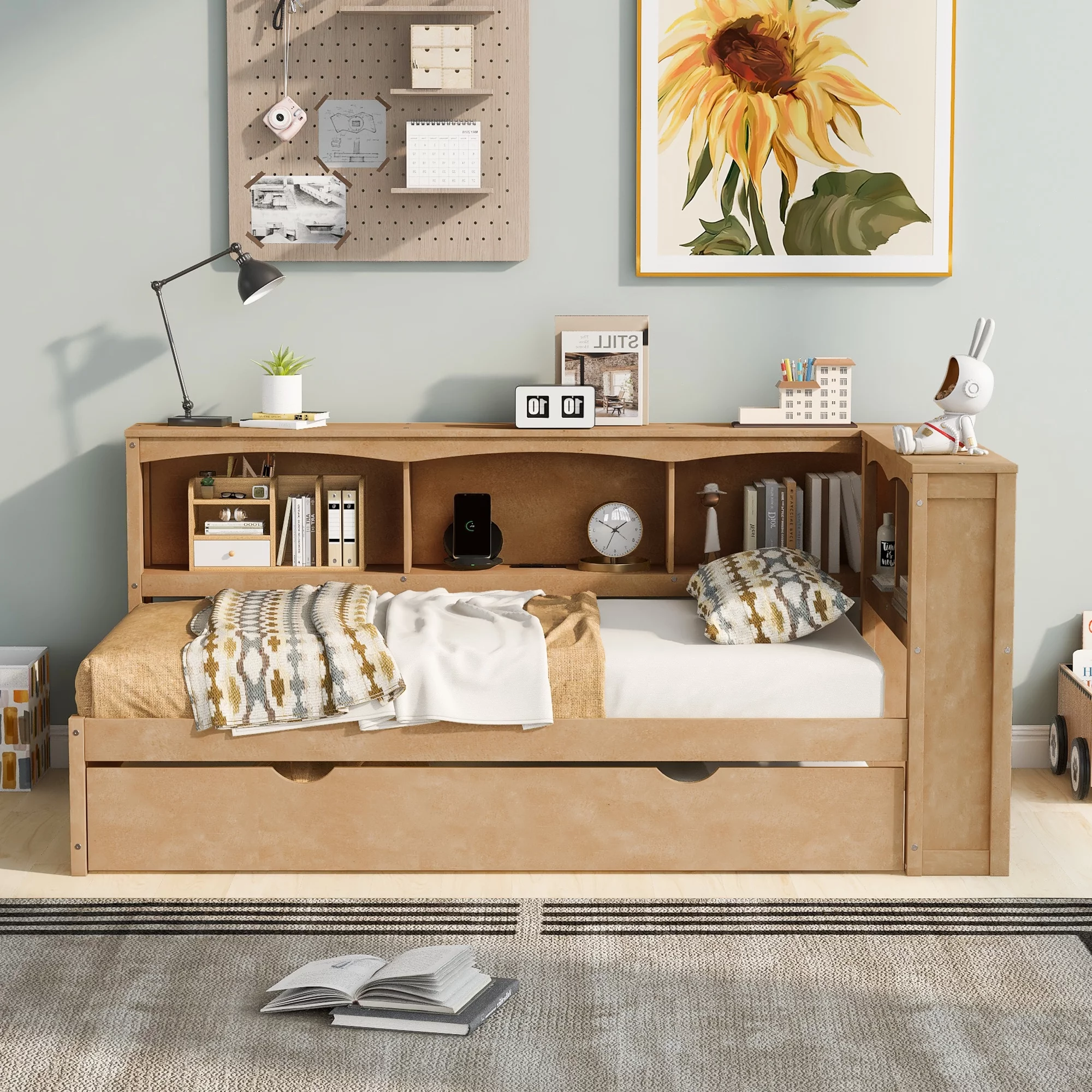 Churanty Wooden Twin Size Daybed with Trundle and Storage Cabinet,Floor Day Bed Frame w/L-Shaped Bookcase Shelves and USB Ports for Bedroom Living Room, Wood Color