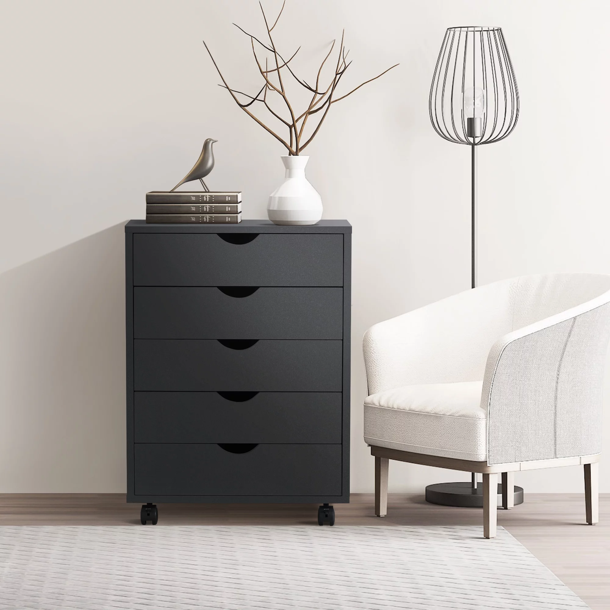 5 Drawer Dresser - Chest Dressers with Wood Storage Cabinet, Mobile Organizer for Bedroom, Home, Office, Black