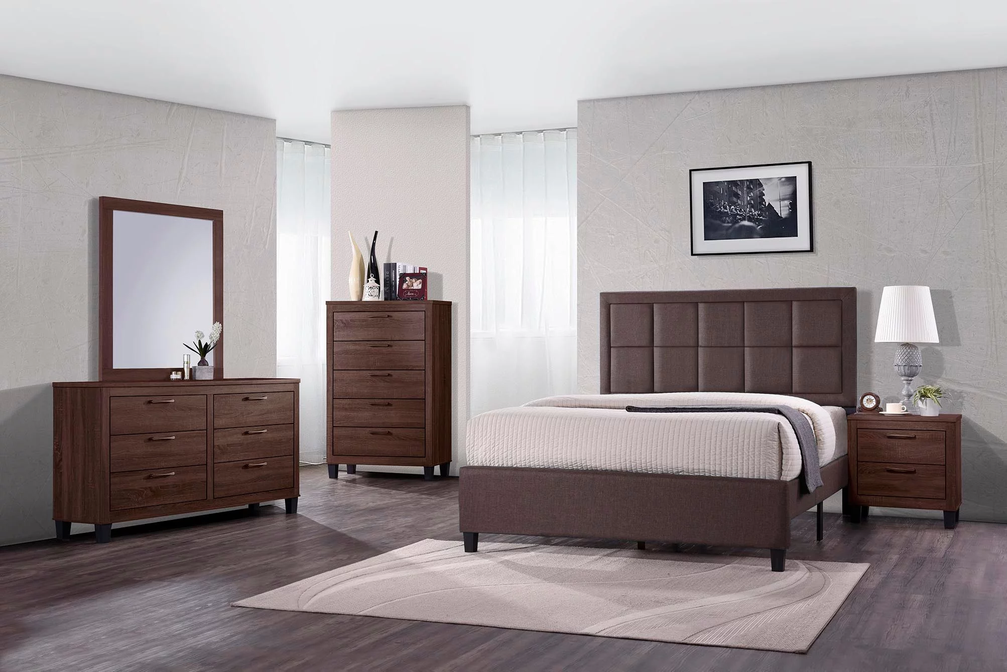 Queen Size Wooden Bedroom Set includes Fabric Cushion Headboard, Footboard, Dresser, Mirror, Chest, Nightstand in Warm Brown
