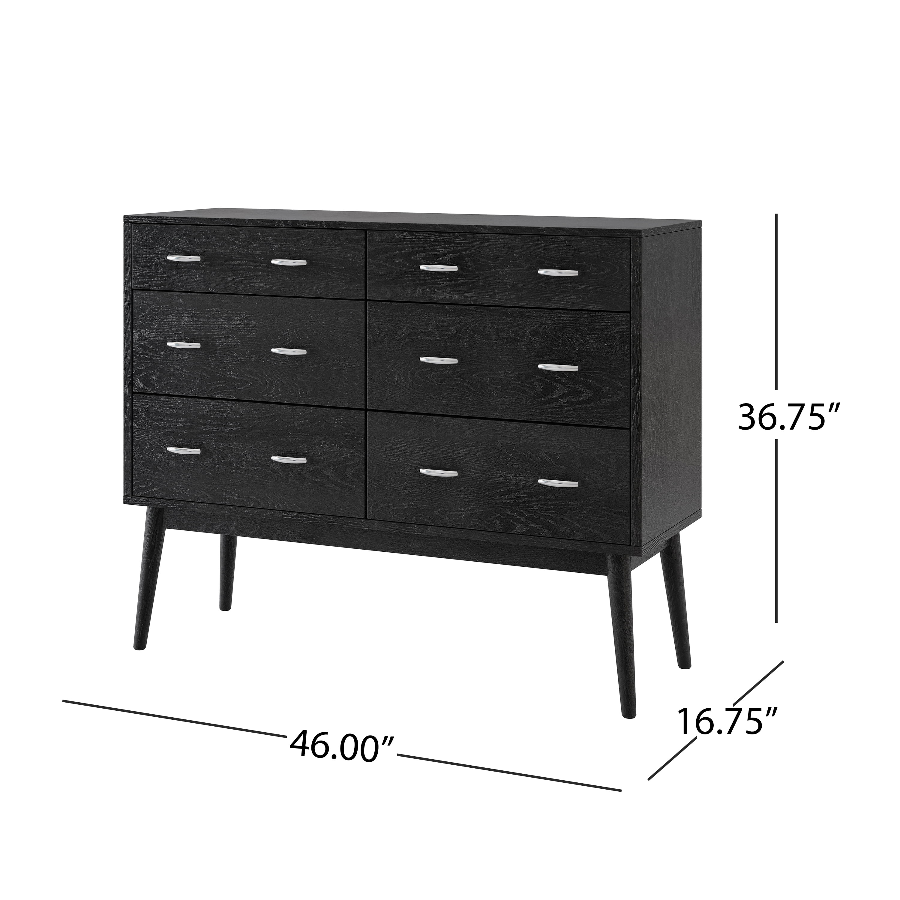 GDF Studio Wilbur Mid Century Modern Wooden 6 Drawer Double Dresser, Black