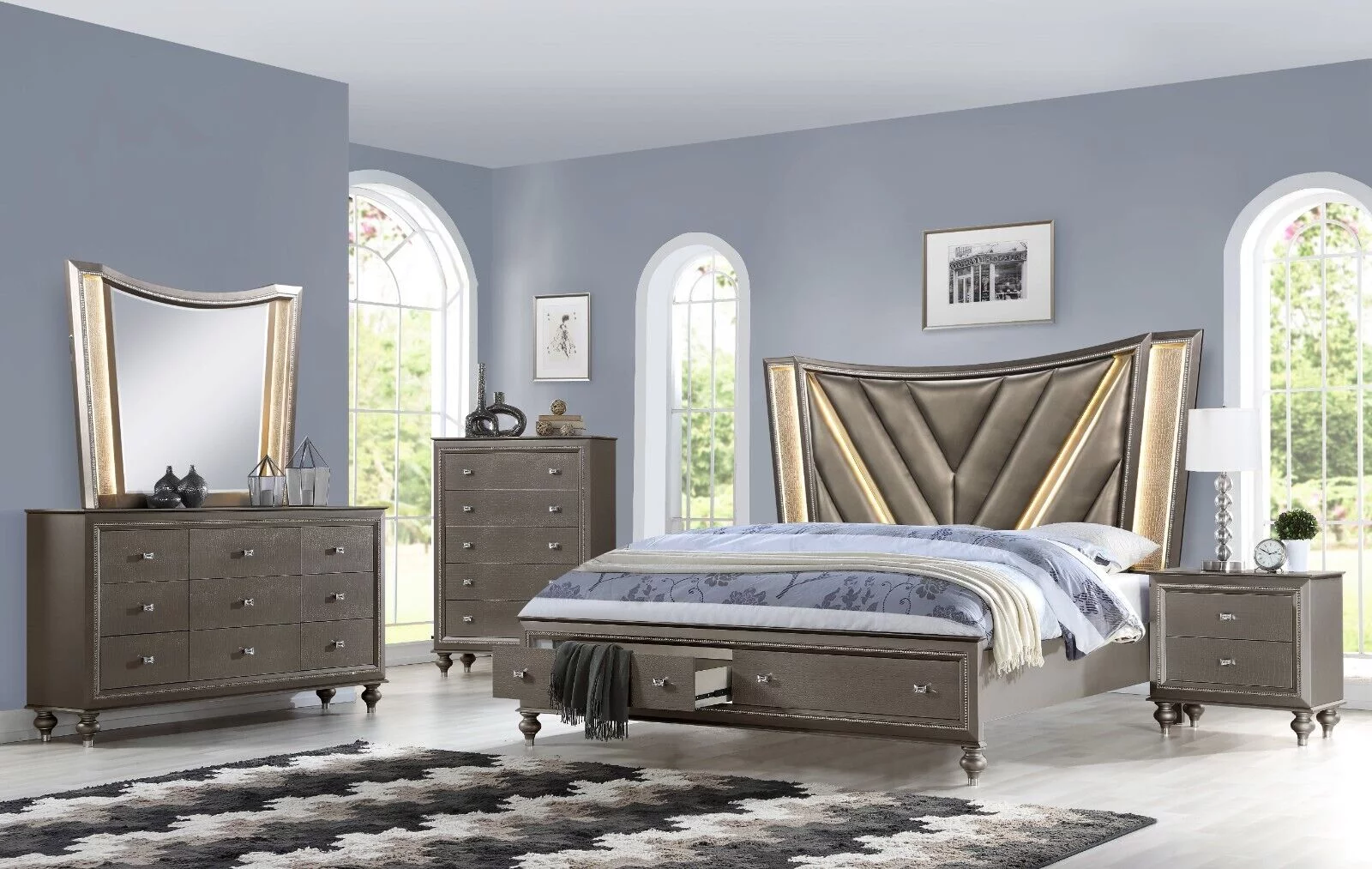 4pc Luxury King Size LED Bed Charcoal Finish Solid Wood Master Bedroom Furniture