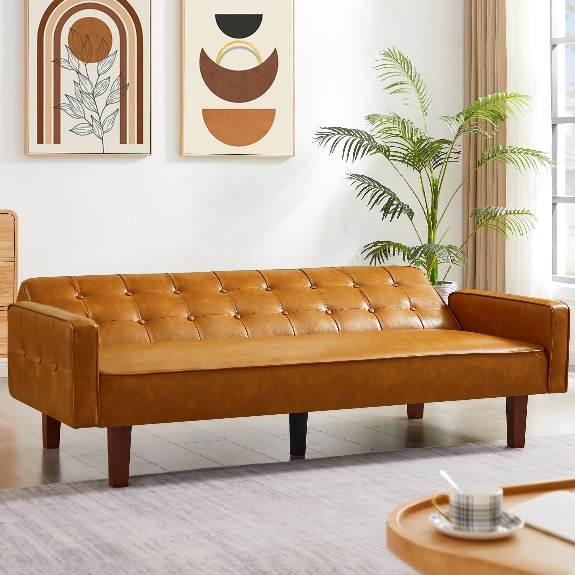 Lemacte Brown Faux Leather Futon Sofa Couch,Button Tufted Convertible Sleeper Sofa Bed for Small Spaces, Living Room, Bedroom
