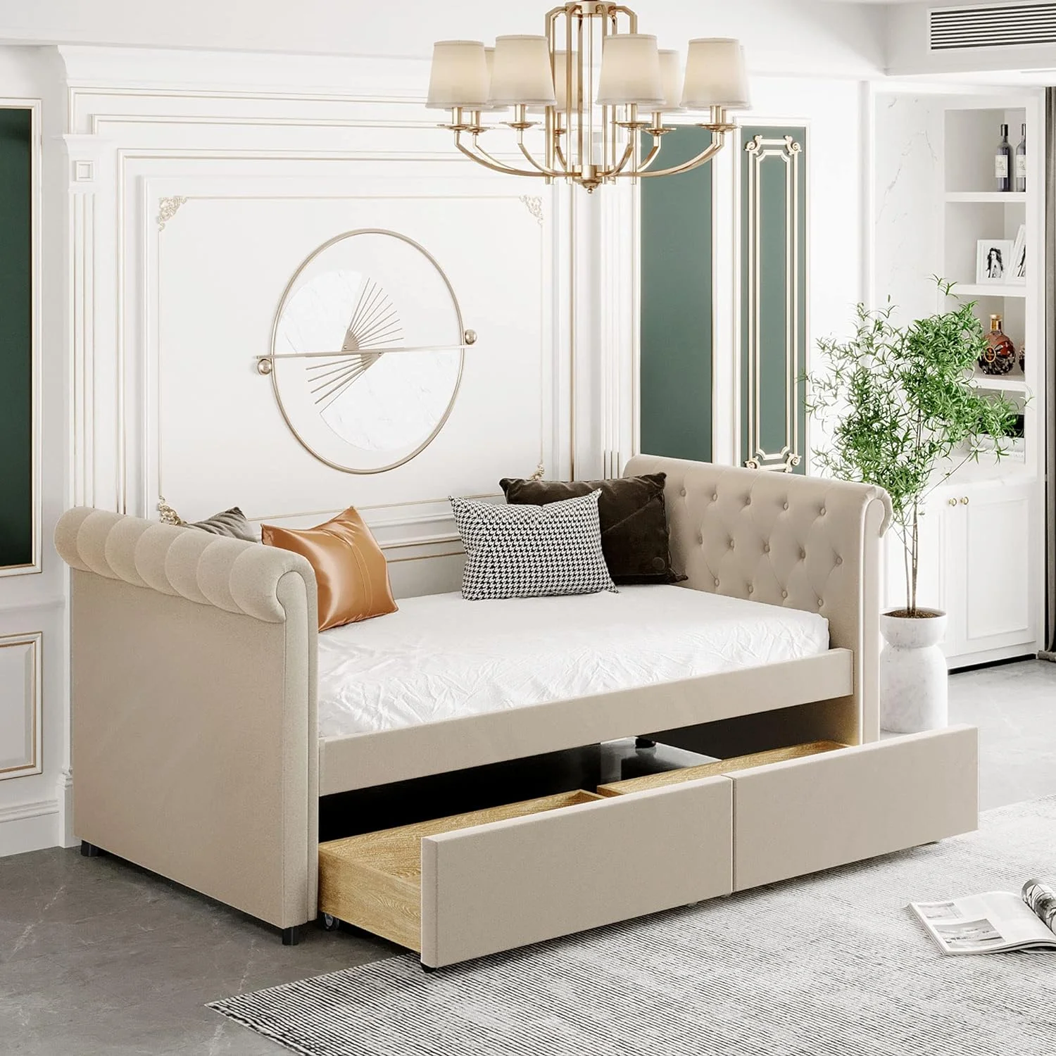 Size Daybed, Upholsered Daybed Wih wo Sorage Drawers, Wood Daybed Size, Wood Sla Suppor Day Bed Frame, o Box Sprig eeded, Easy Assembly, Beige