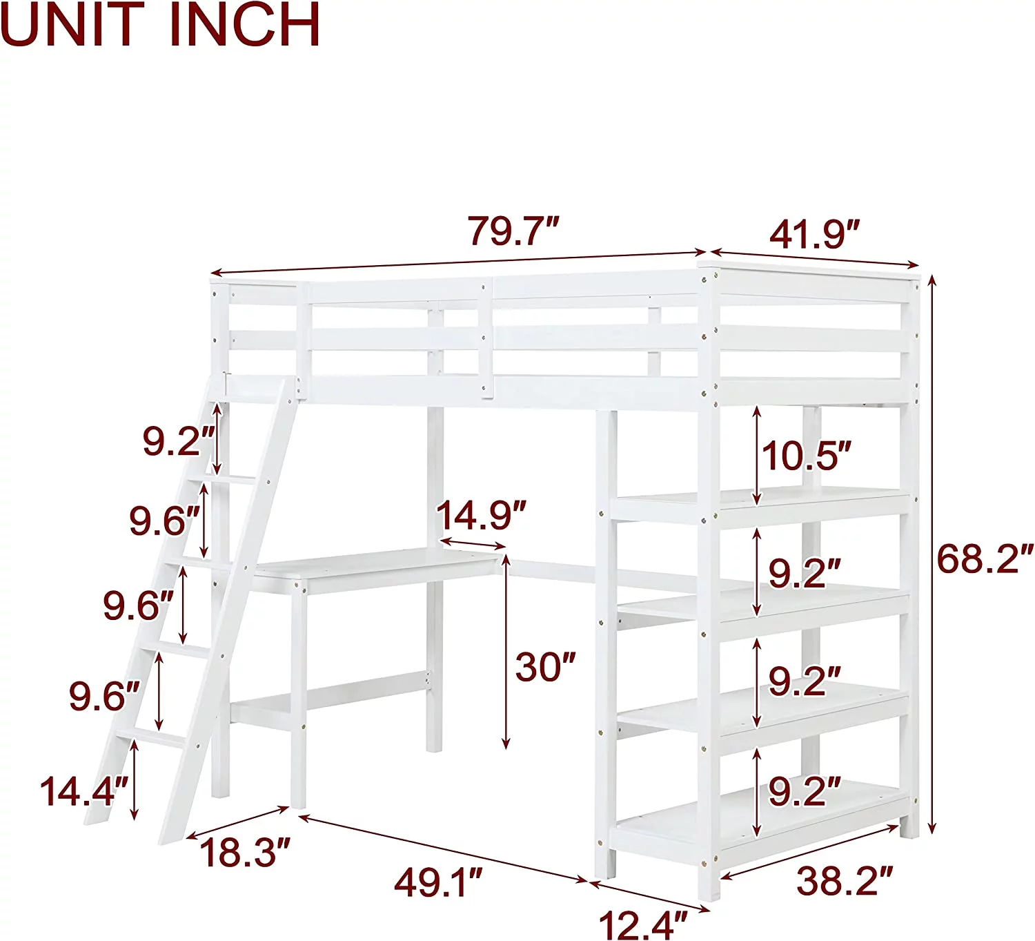 Size Loft Bed With Desk And Storage Shelves, Loft Bed With Ladder And Guard Rail, Wooden High Loft Bed Frame For Kids, Teens, Adults (, White)