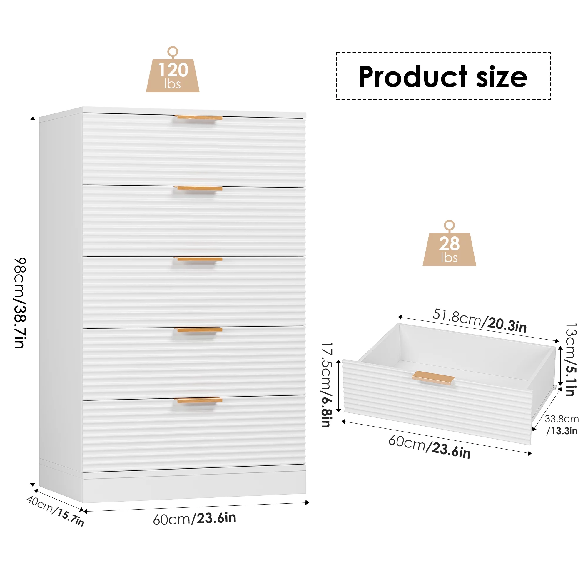 Homfa 5 Drawer White Dresser with Wave Panel, Contemporary Storage Cabinet for Bedroom, White Chest of Drawers Wood Organizer for Living Room