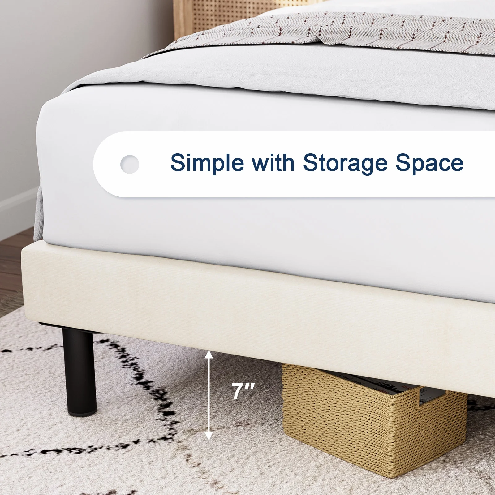 HAIIDE Queen Bed, Queen Platform Bed Frame with Upholstered Headboard, Beige