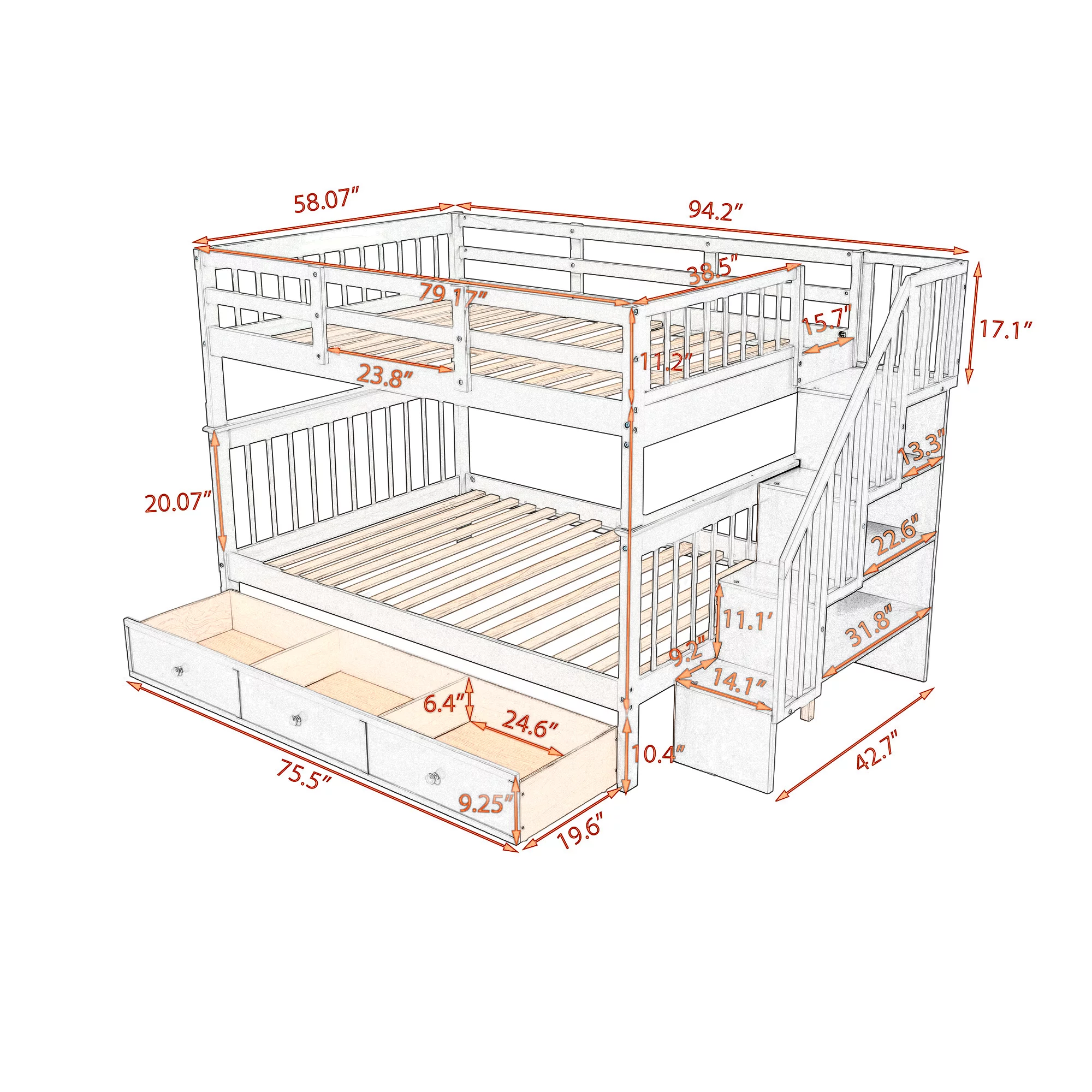 Gray Stairway Full-Over-Full Bunk Bed with Drawer, Storage and Guard Rail for Bedroom