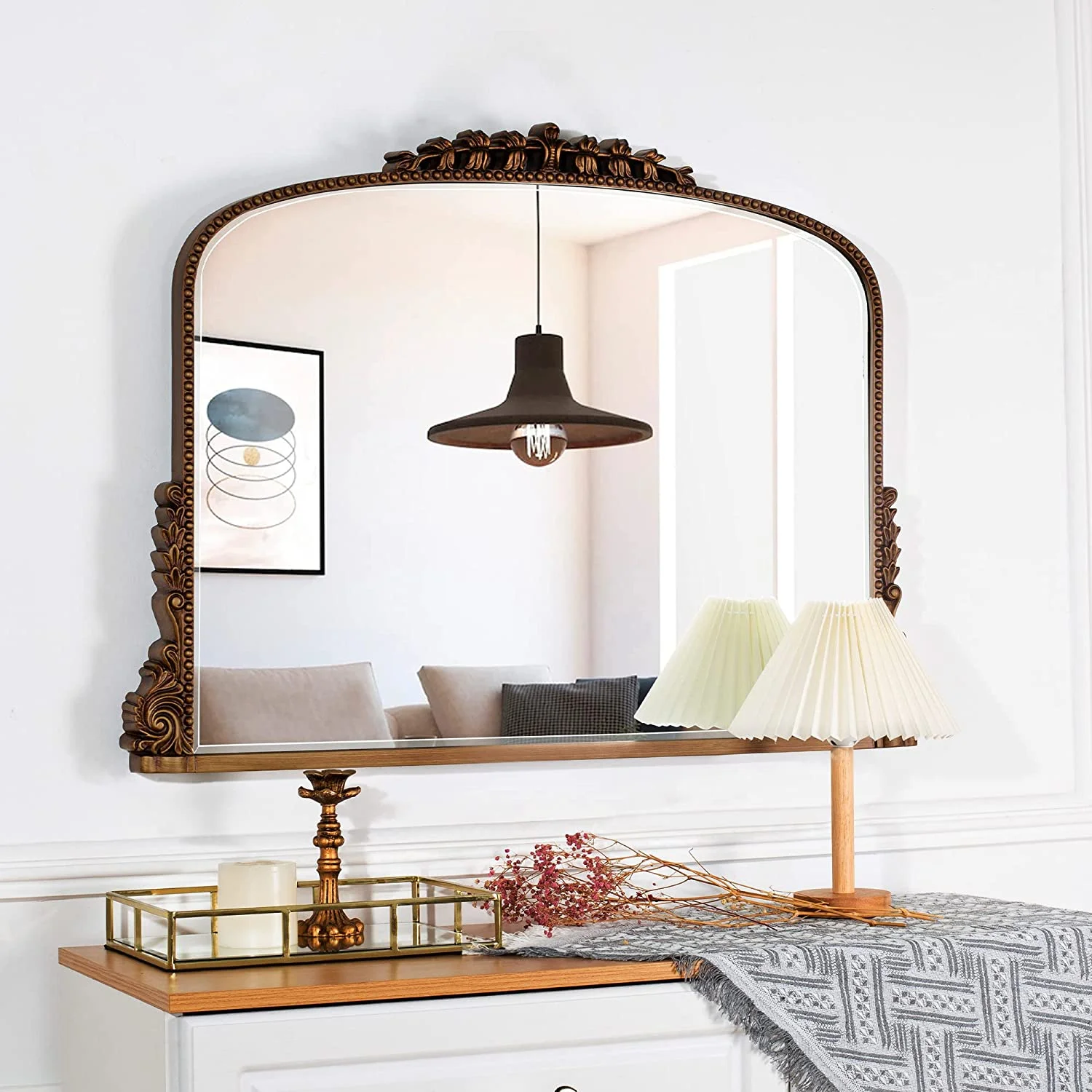 Shyfoy Large Arch Wall Mirror Ornate Mirror for Living Room Decor Anqitue Gold Decorative Mirrors for Wall 36