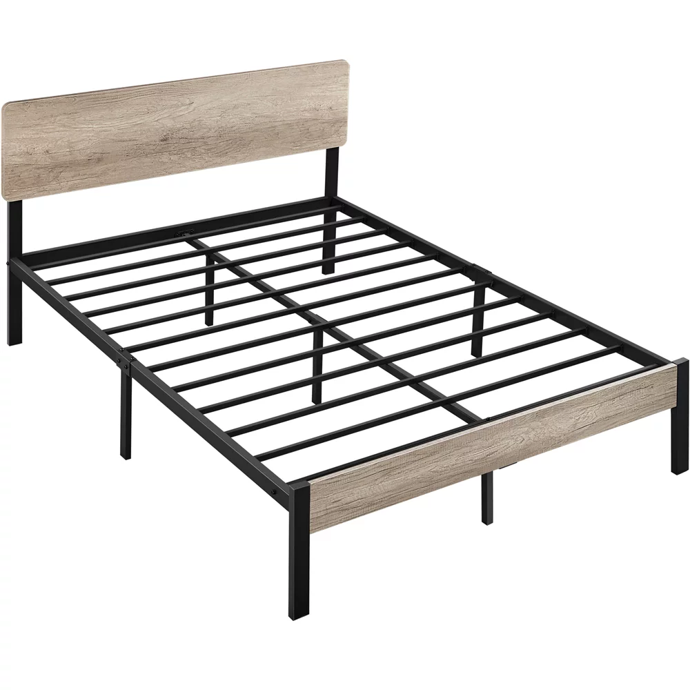 Topeakmart Metal Bed Frame Slatted Bed Base with Wooden Headboard and Footboard, Full Size, Gray