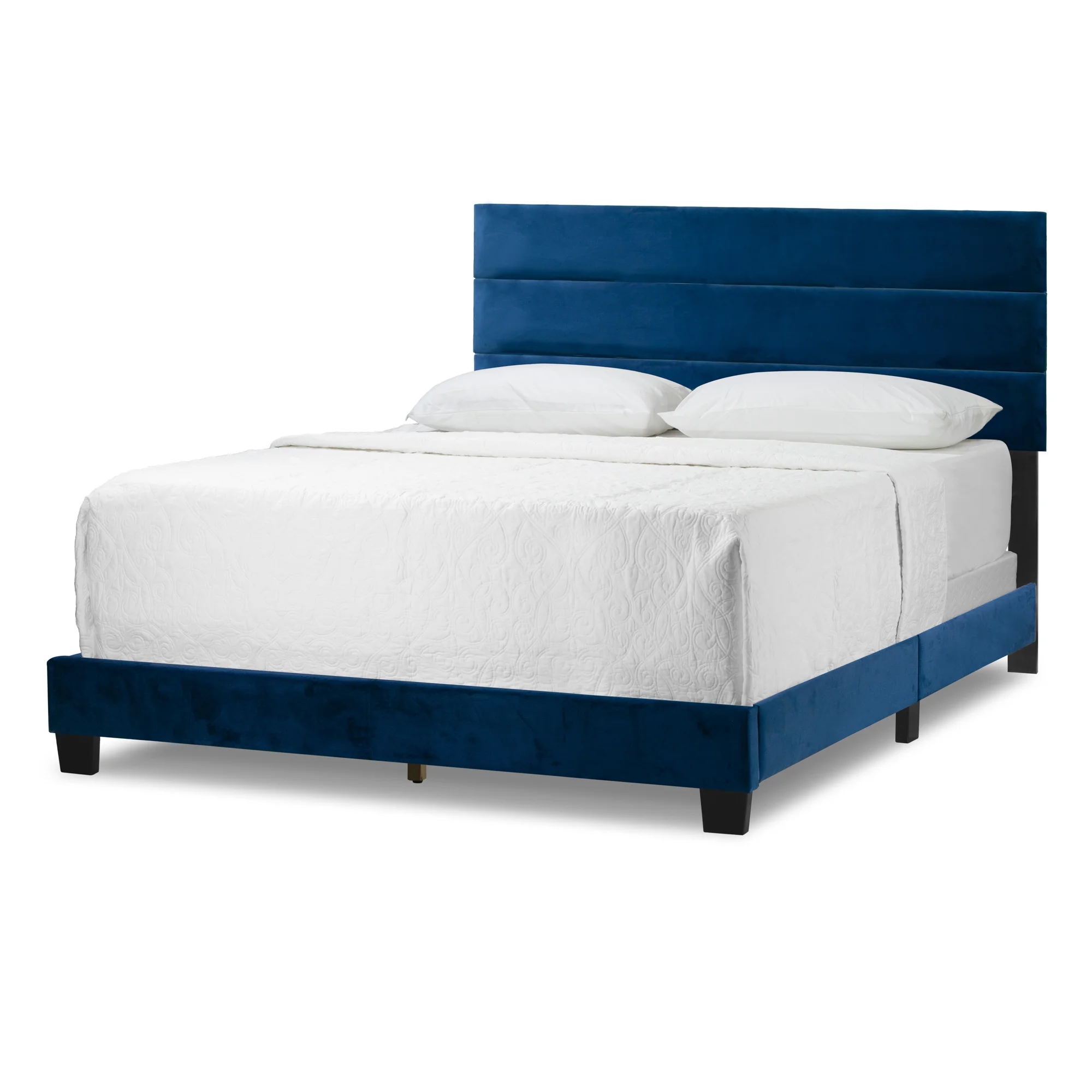 Aris Navy Blue Velvet Queen Bed with Line Stitching Tufting