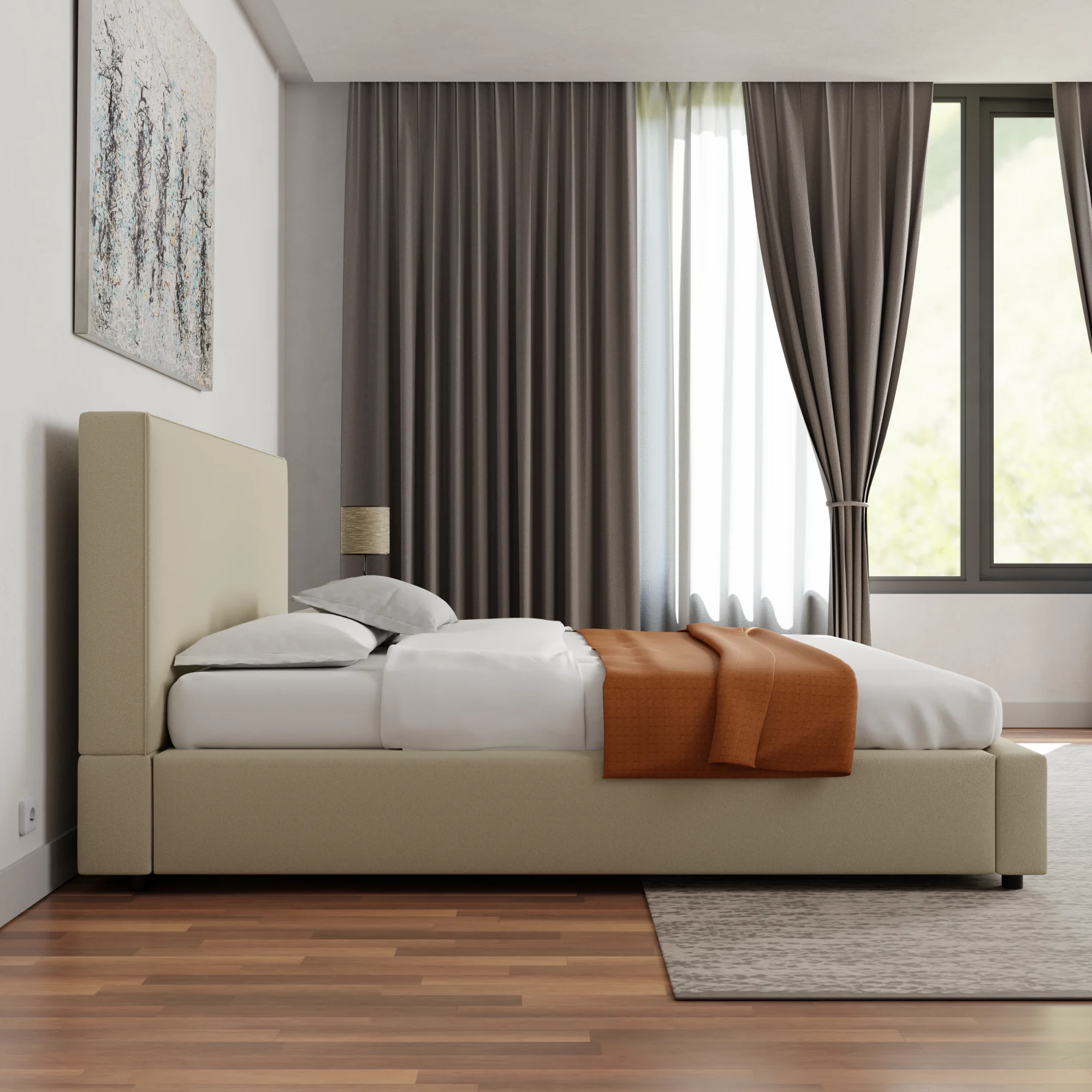 Vivian Modern Platform Bed, Modern Platform Bed Frame in Beige, (Queen)