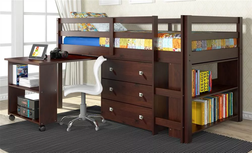 Twin Low Study Loft Bed with Desk in Dark Cappuccino