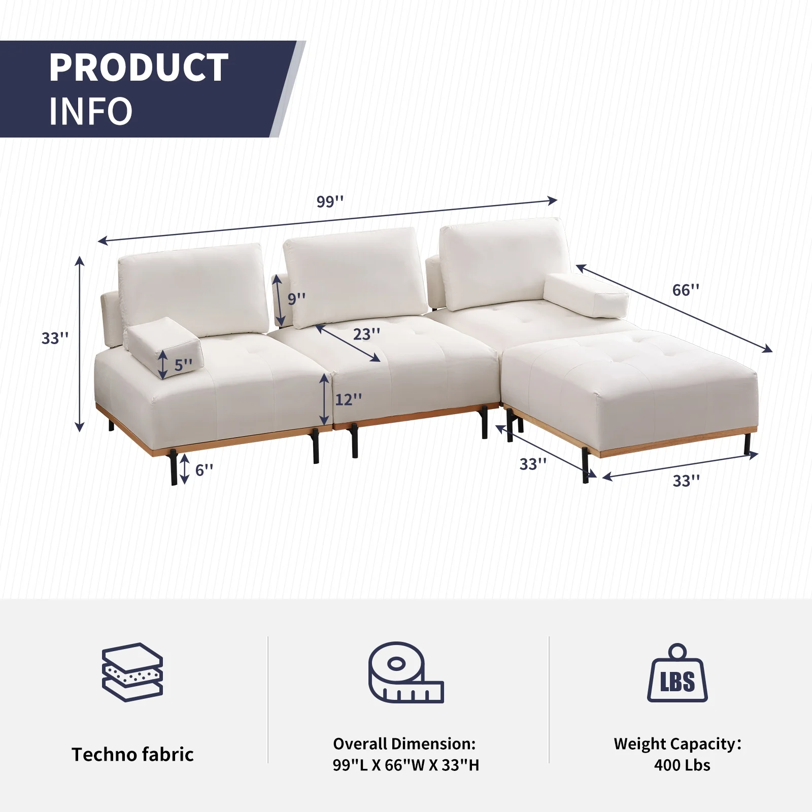 ijuicy Modular Sectional Sofa with Techno Fabric upholstered, L Shaped Free Combination Sofa with Mid-Century Minimalist Design for Living Room, Apartment- 3-Seat with Ottoman Beige