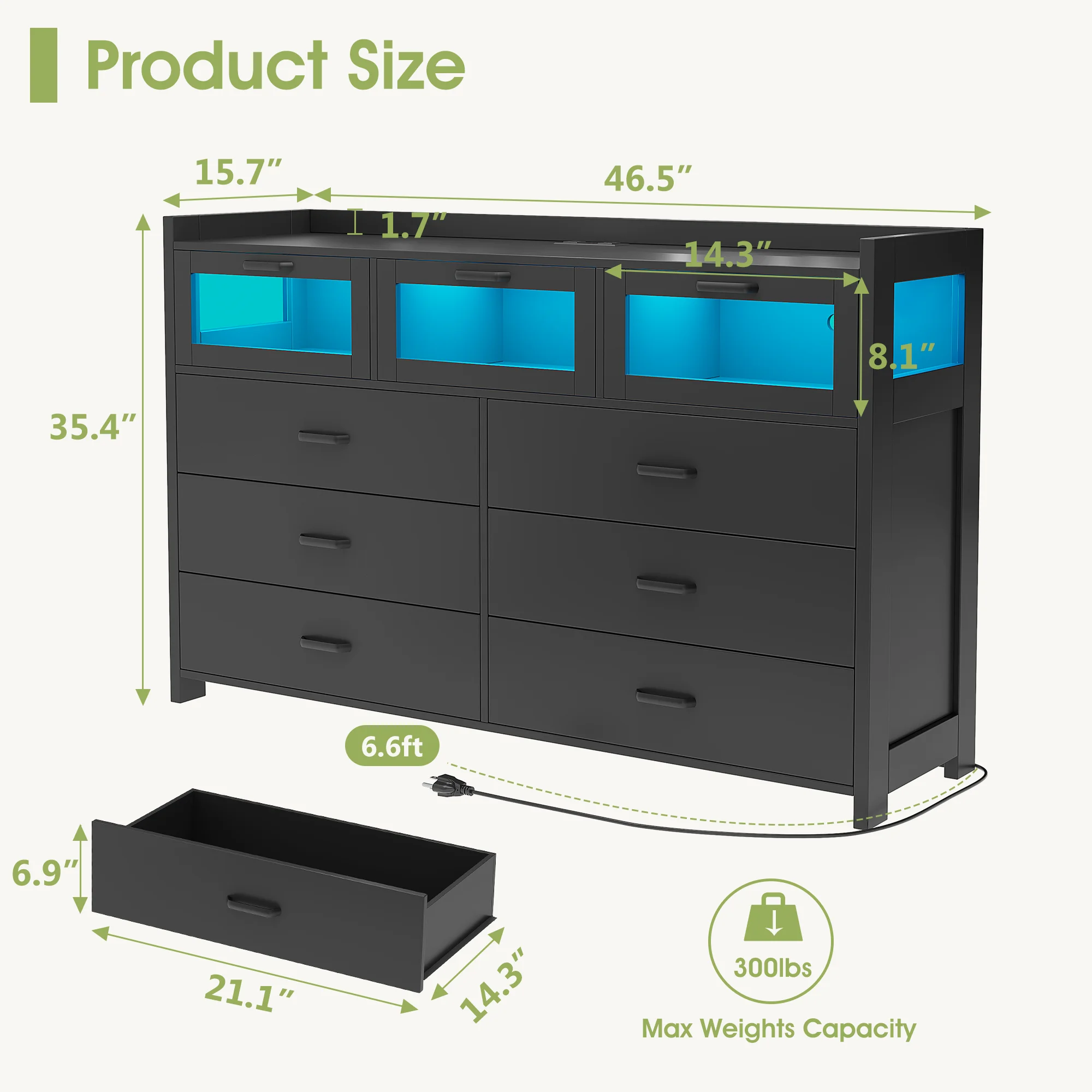 6 Drawer Dresser With Charging Station And Led Lights, Alohappy Dresser Chest Of Drawers With 3 Visual Storage Space, Double Wide Dresser For Bedroom Living Room Hallway Entryway (Black)
