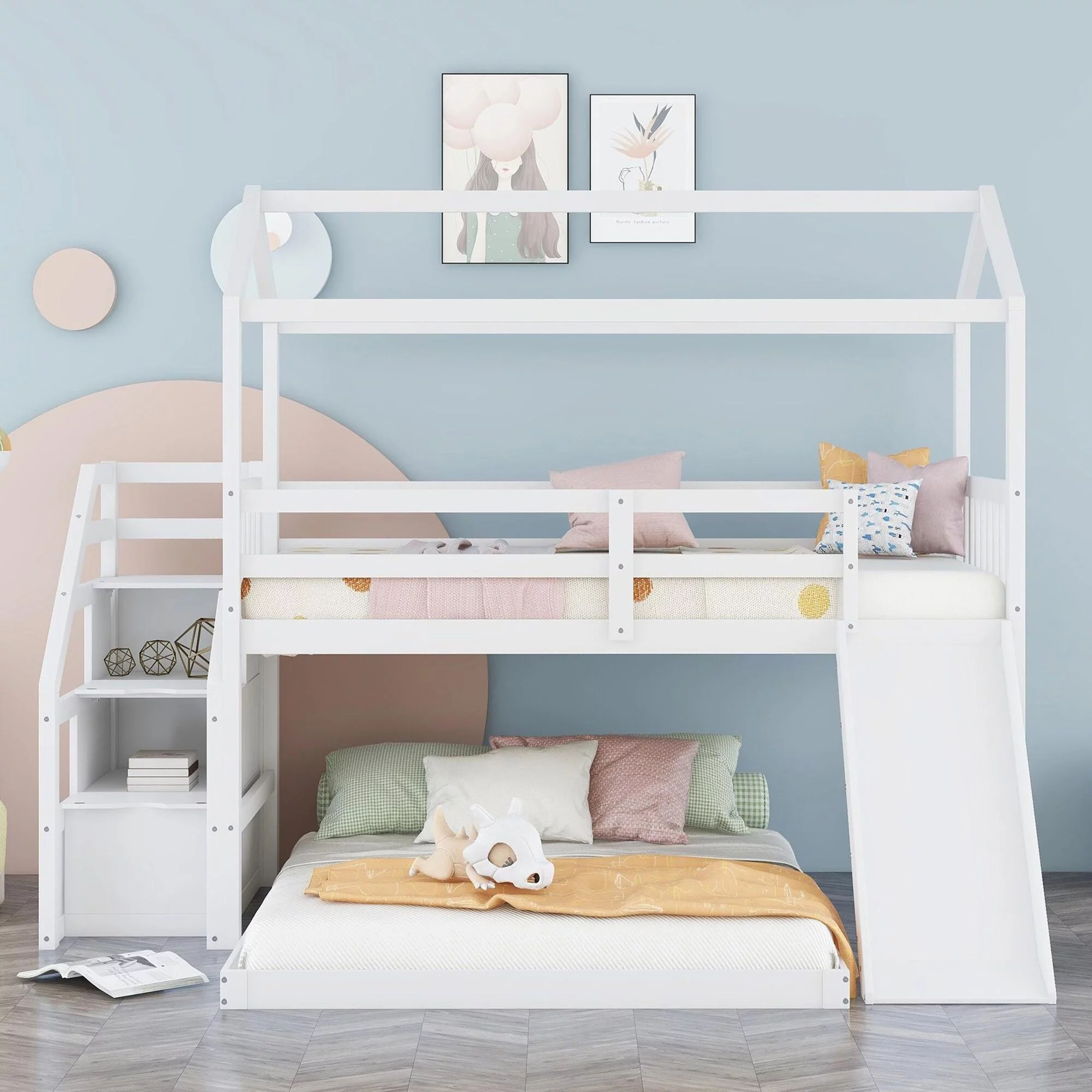 Home Adores, Inc. Kaylee Twin over Full House Bunk Bed with Slide and Storage Staircase Grey
