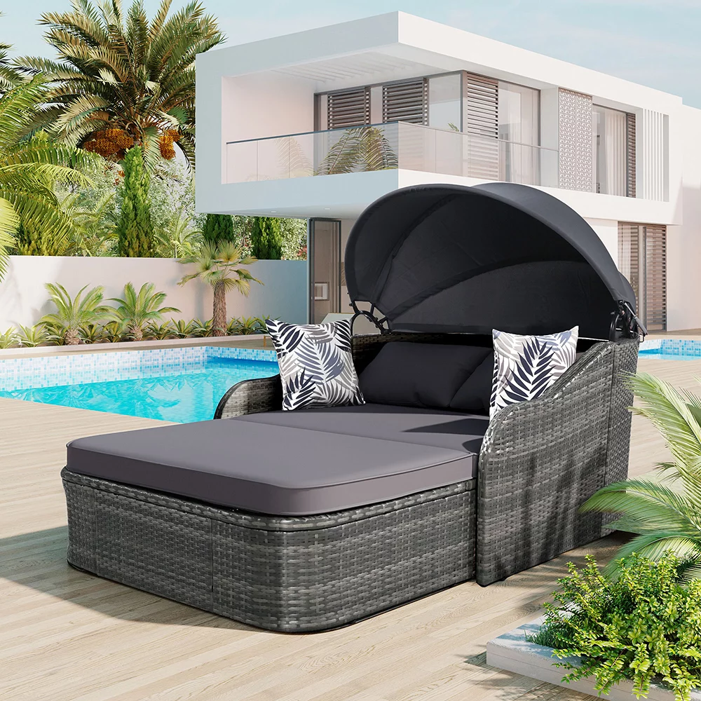 Churanty Outdoor Sunbed with Adjustable Canopy for Two Person Patio Chaise Double Lounger for Beach Backyard,Gray