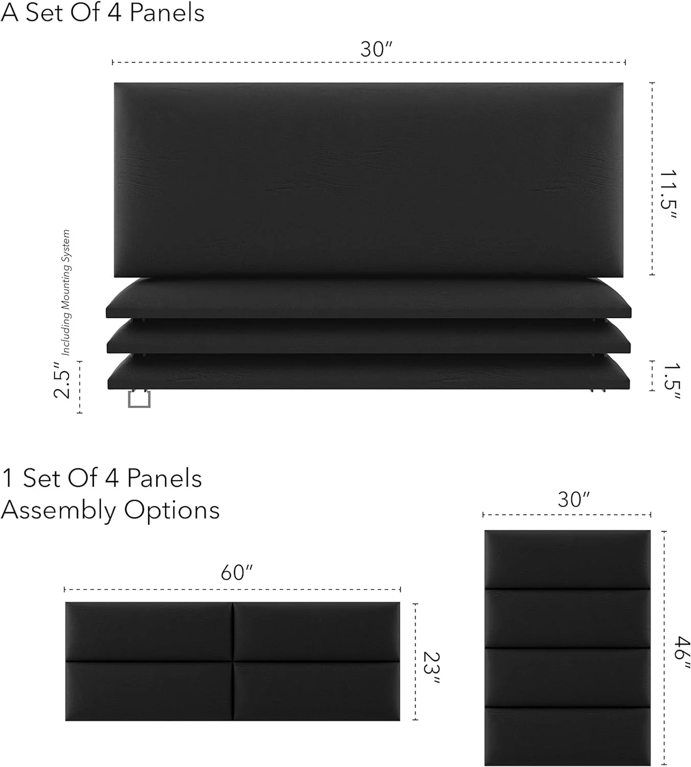 Upholstered Headboards - Accent Wall Panels - Vintage Leather Jet Black - Queen/Full - Set Of 4 Panels (Each Individual Panel 30