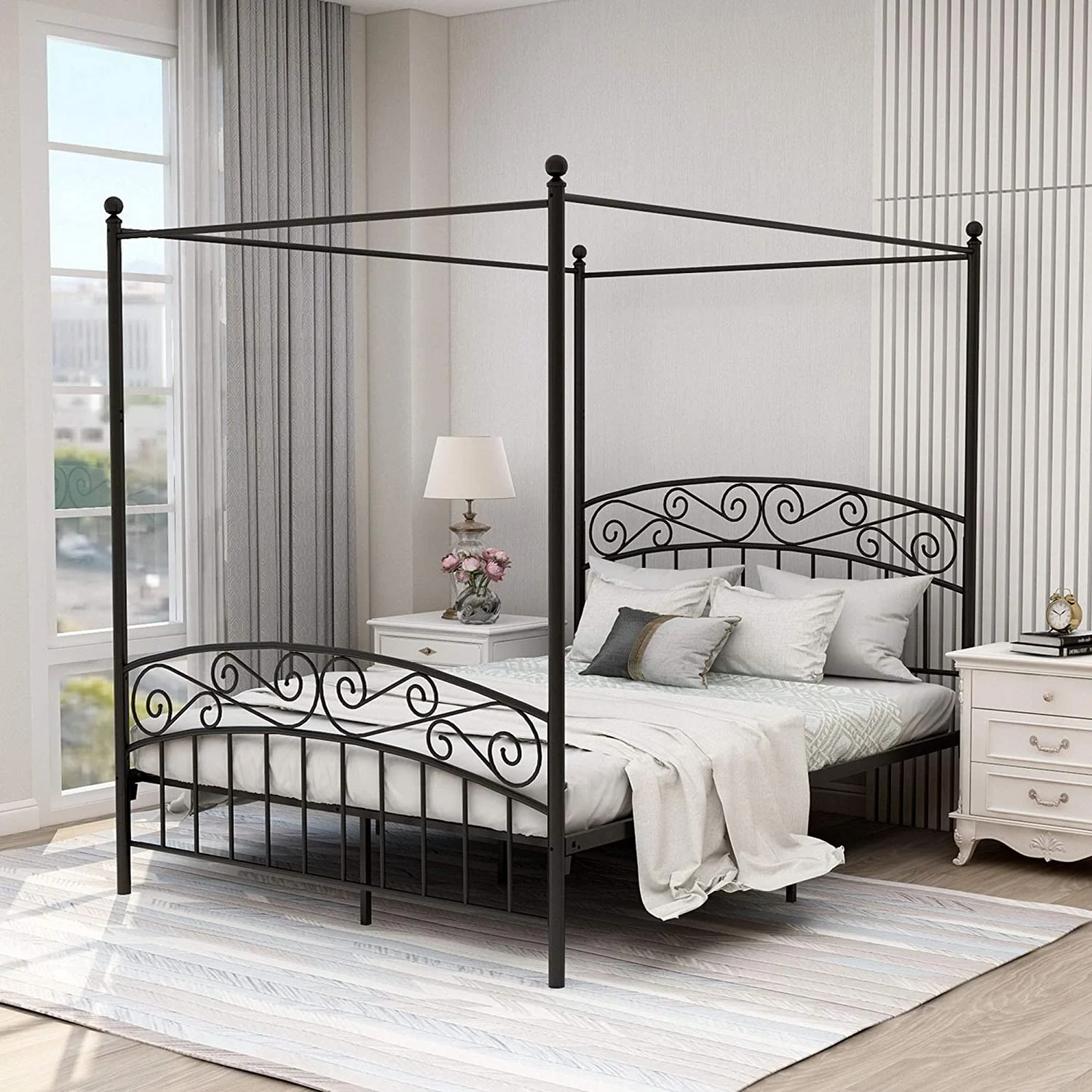 Zoophyter Metal Canopy Queen Size Bed Frame with Headboard Heavy Duty Steel Slat Support No Box Spring Needed Easy Assemble Black