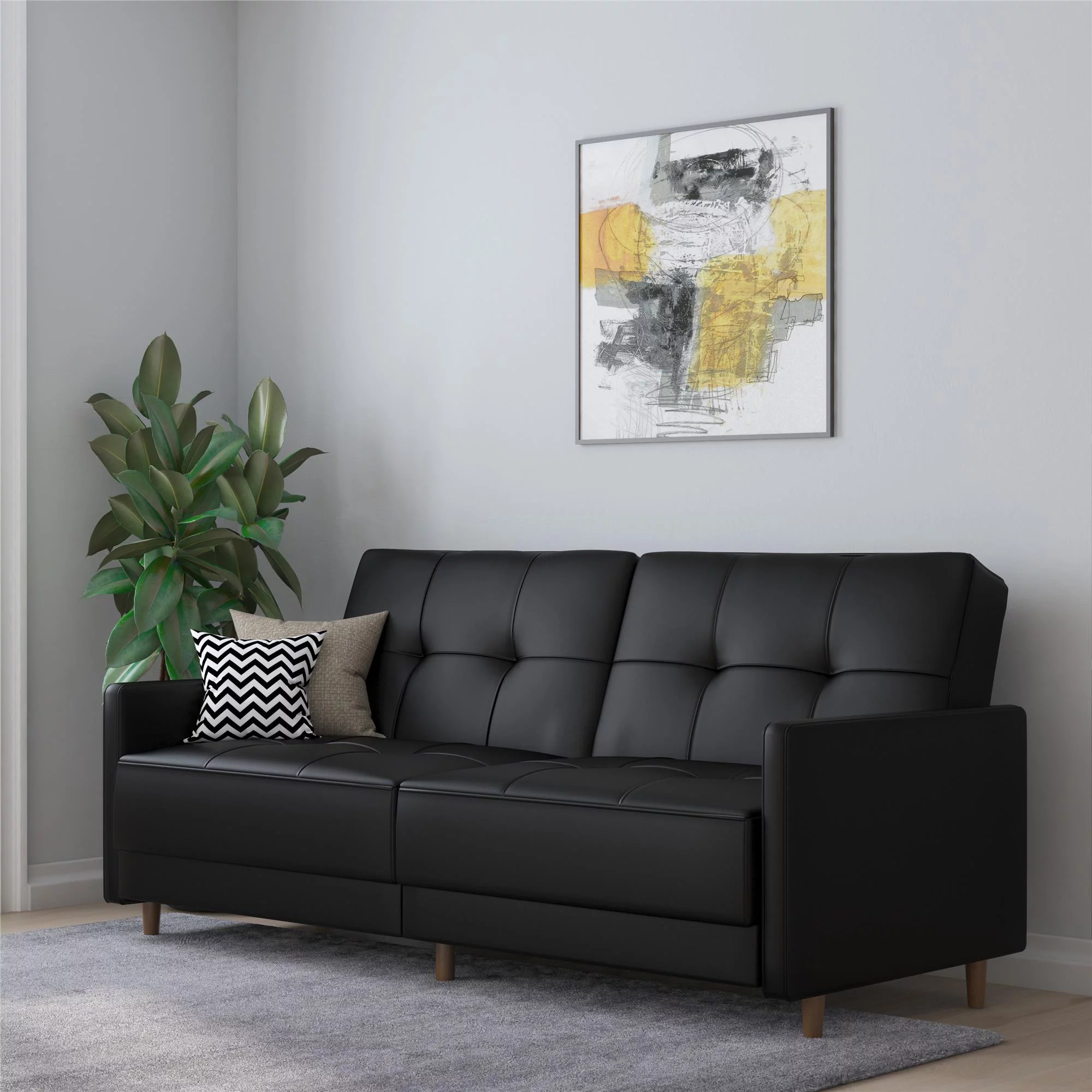 Desert Fields Adera Coil Futon, Black Faux Leather