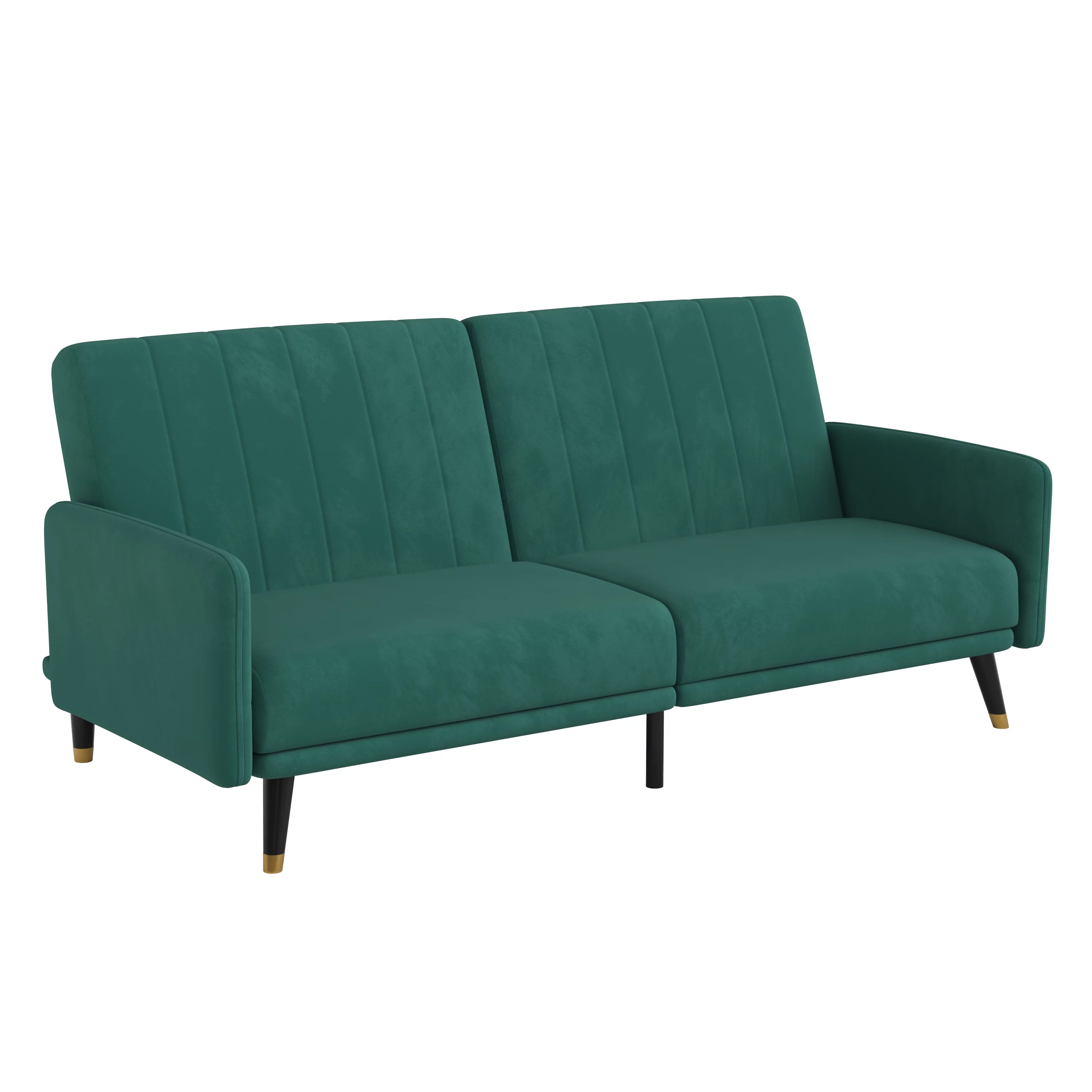 Emma + Oliver Premium Padded Velvet Upholstered Split Back Sofa Futon with Vertical Channel Tufting and Wooden Legs in Emerald
