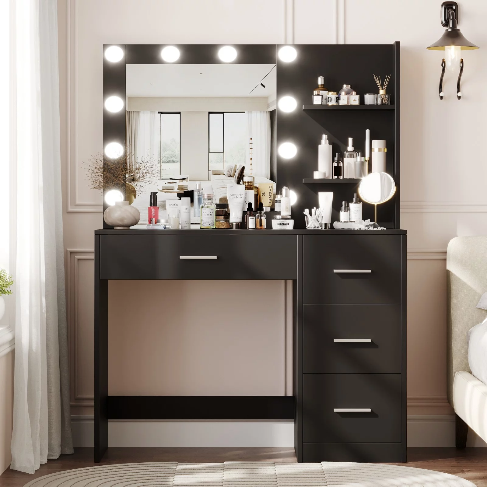 Rovaurx Makeup Vanity Table with Lighted Mirror, Makeup Vanity Desk with Storage Shelf and 4 Drawers, Bedroom Dressing Table, 10 LED Lights, Black RSZT104B