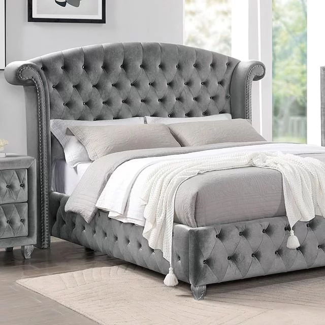 Transitional Gray Solid Wood King Bedroom Set 3pcs FOA CM7130GY Zohar