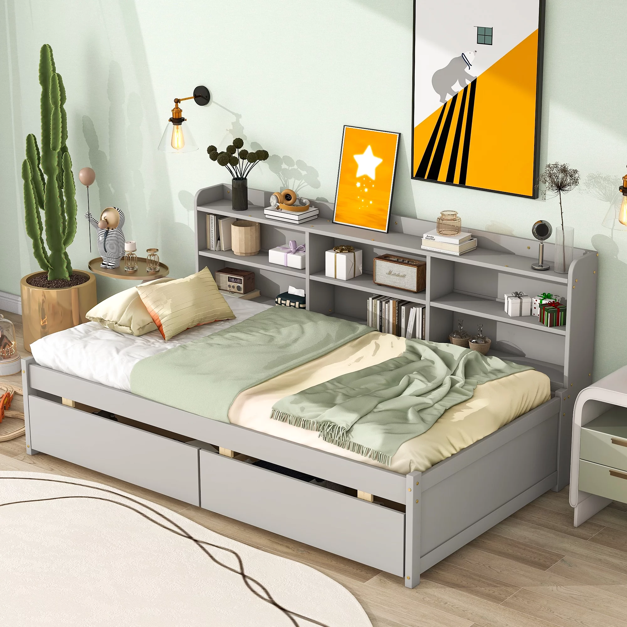 Bellemave Twin Size Platform Bed with Bookcases and Drawers Space Saving Twin Storage Platform Bed Frame with Built-in Shelves for Kids, Teens, Boys, Girls, No Box Spring Needed, Gray
