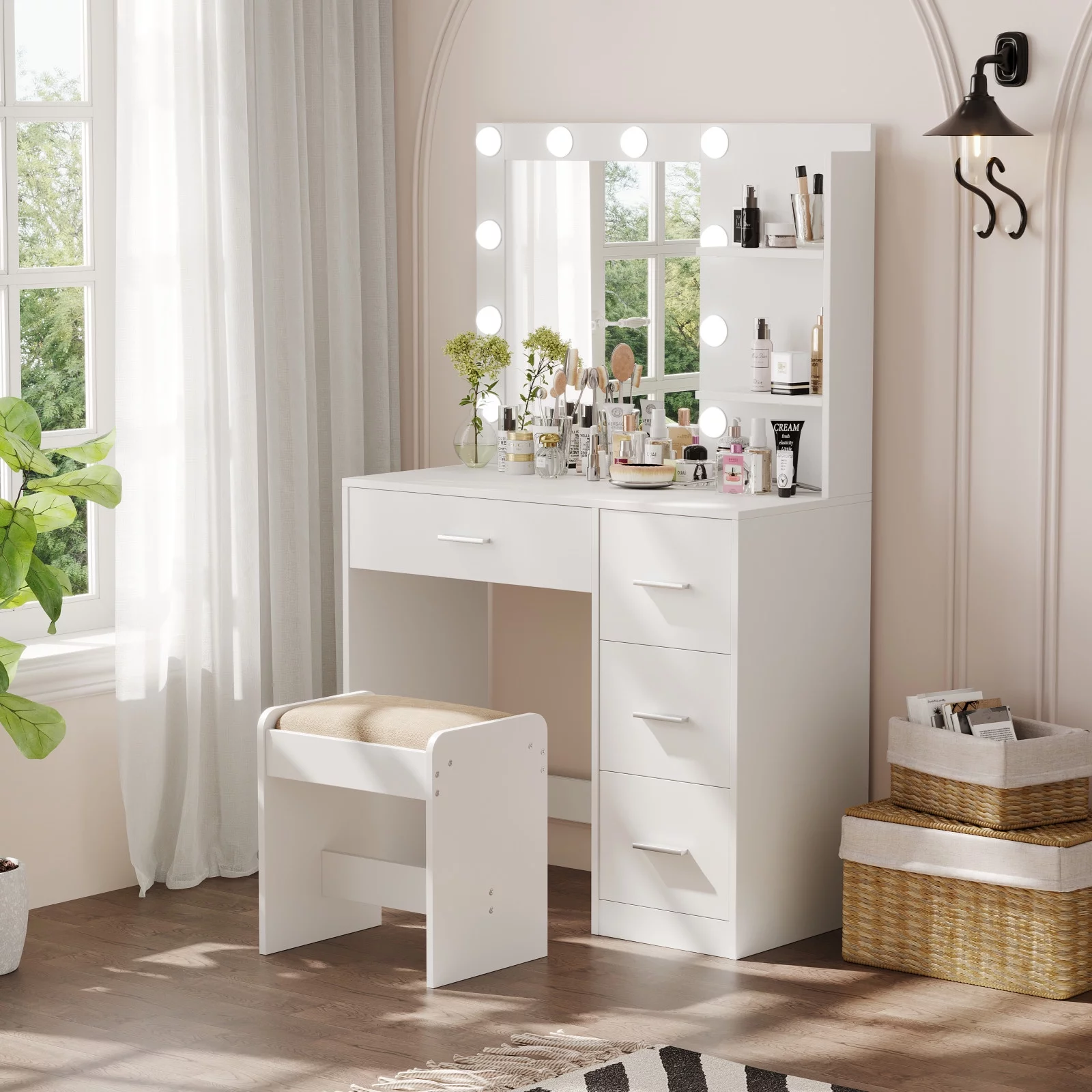 Rovaurx Makeup Vanity Table with Lighted Mirror, Makeup Vanity Desk with Storage Shelf and 4 Drawers, Bedroom Dressing Table, 10 LED Lights, White RSZT104W