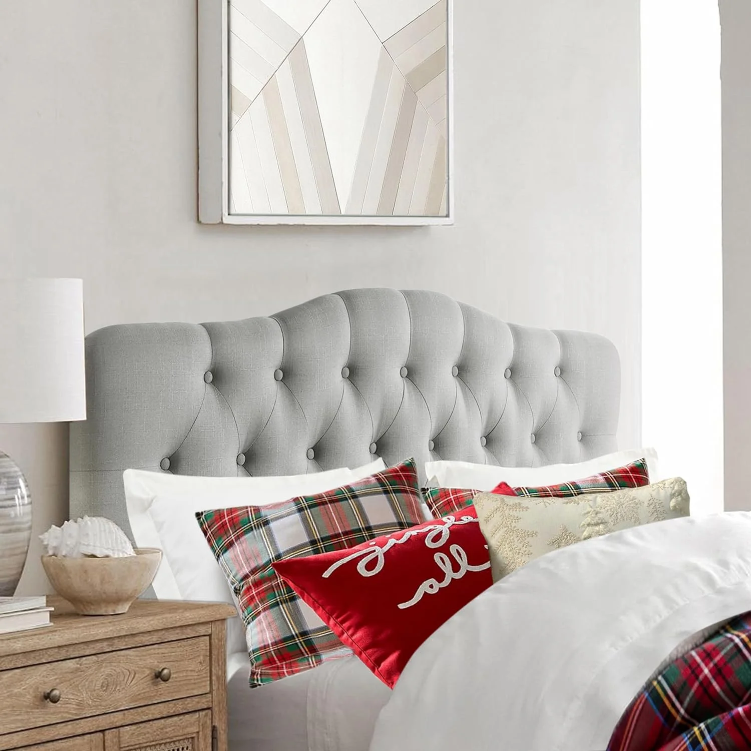 YGDU Givanna Adjustable Height Headboard with Linen Upholstery and Button Tufting for Bedroom, Full, Light Gray