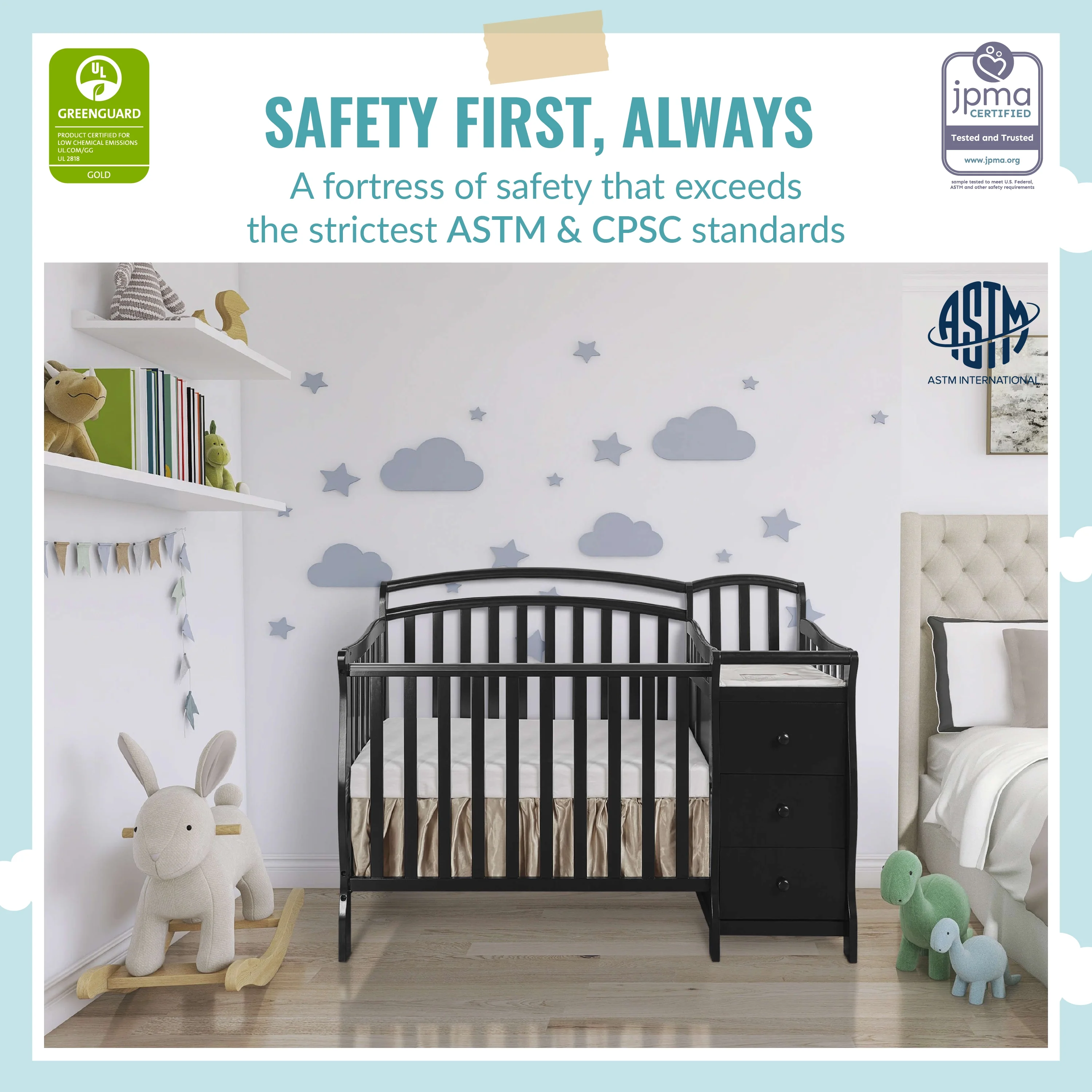 Dream On Me Casco 4-in-1 Mini Crib and Dressing Table, Black