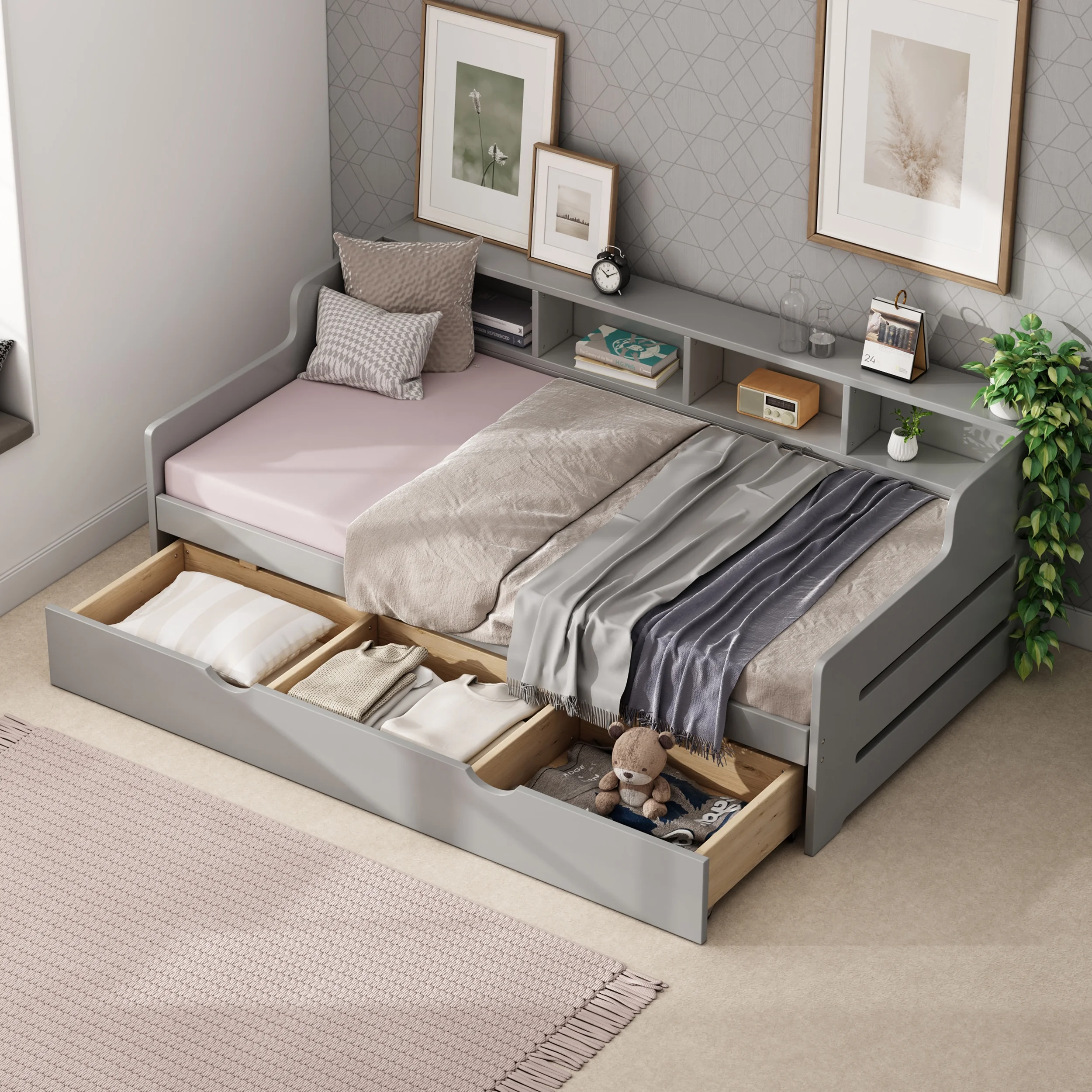 CoSoTower Twin Size Wooden Day Bed with 3 Trawers for Guest Room, Small Bedroom, Study Room, Gray