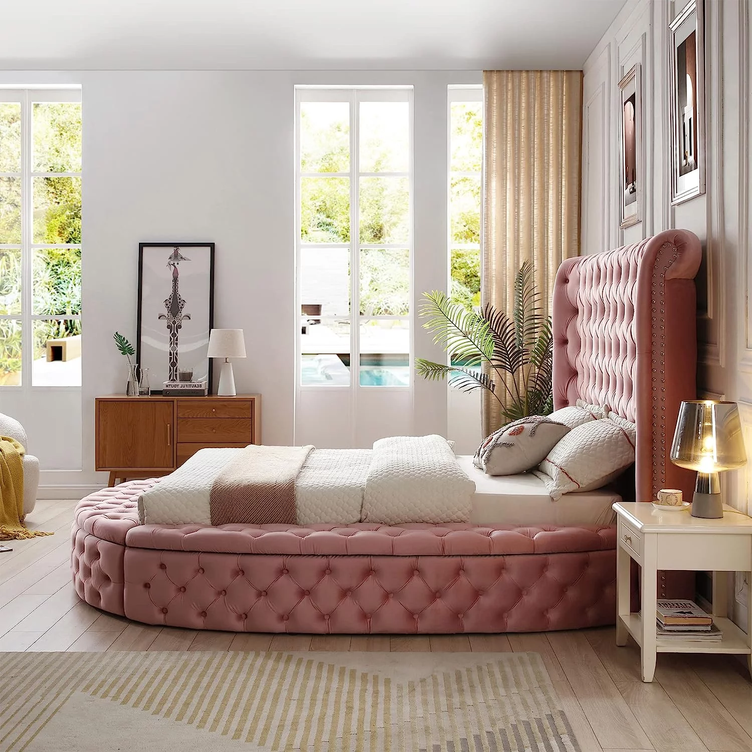 Better Home Products ELIZ-ROUND-60-PINK Elizabeth Upholstered Round Storage Bed, Pink - King Size