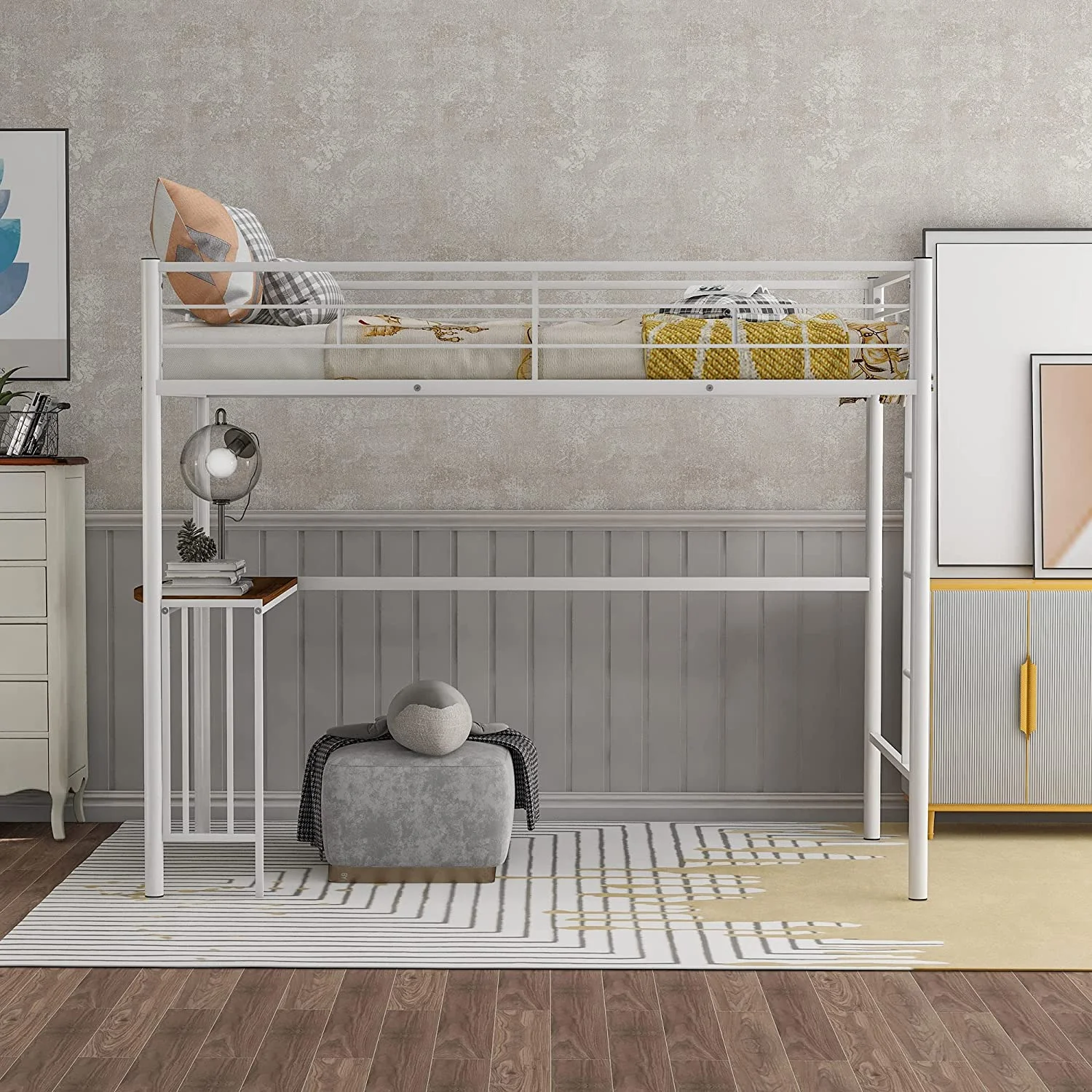 Size Loft Bed With Desk, Metal Loft Bed Frame With Guardrails And Ladders For Kids Girls Boys Teens Adults, No Box Spring Needed (, White)