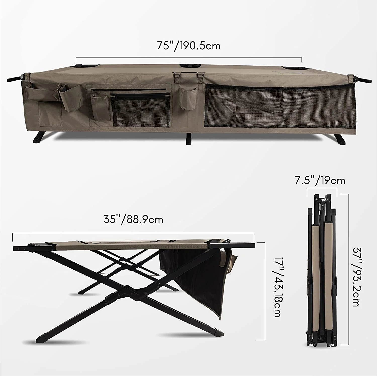 WAGEE New Komfort Camp Cot, Folding Camping Cot, Guest Bed, 300 lbs Capacity, Steel Frame, Strong 300D Polyester Surface, Includes Side Storage Organizer, Carry Bag, 75” Long x 35” Wide x 17” Tall
